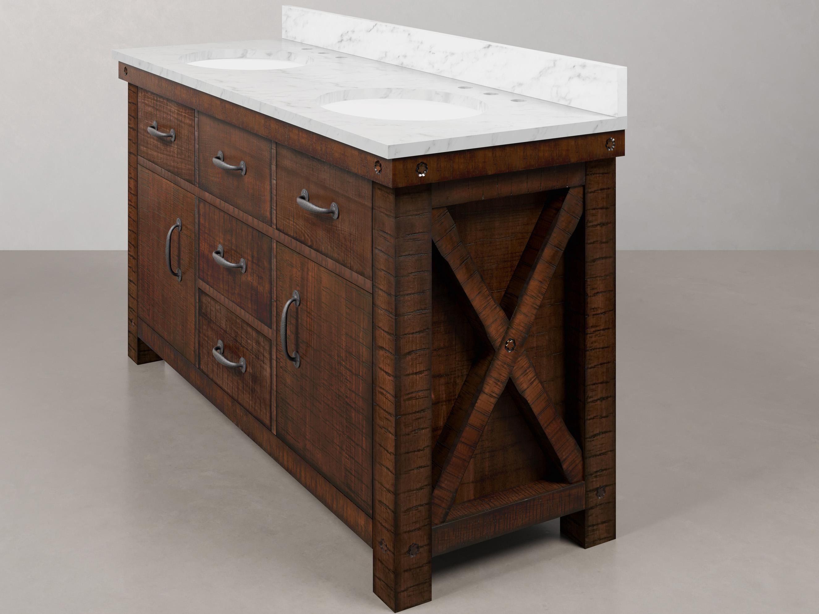 Water Creation Aberdeen  White Marble Countertop Bath Vanity in Rustic Sienna with Barn Door Style Mirror (S)