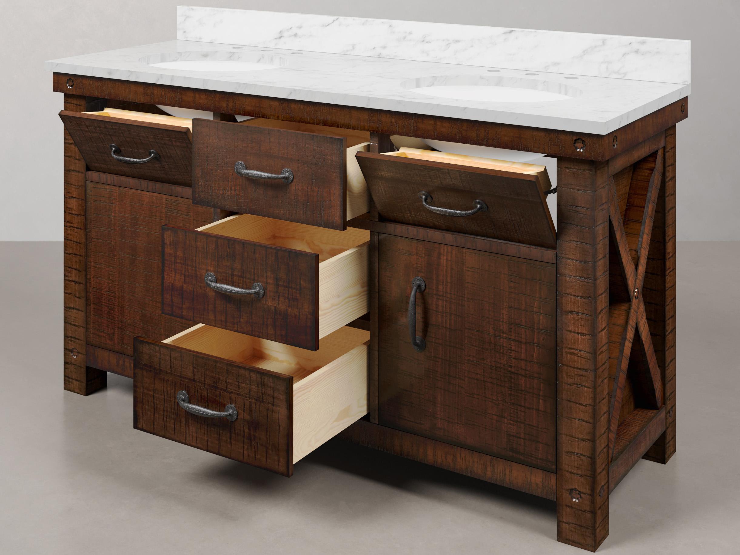 Water Creation Aberdeen  White Marble Countertop Bath Vanity in Rustic Sienna with Barn Door Style Mirror (S)