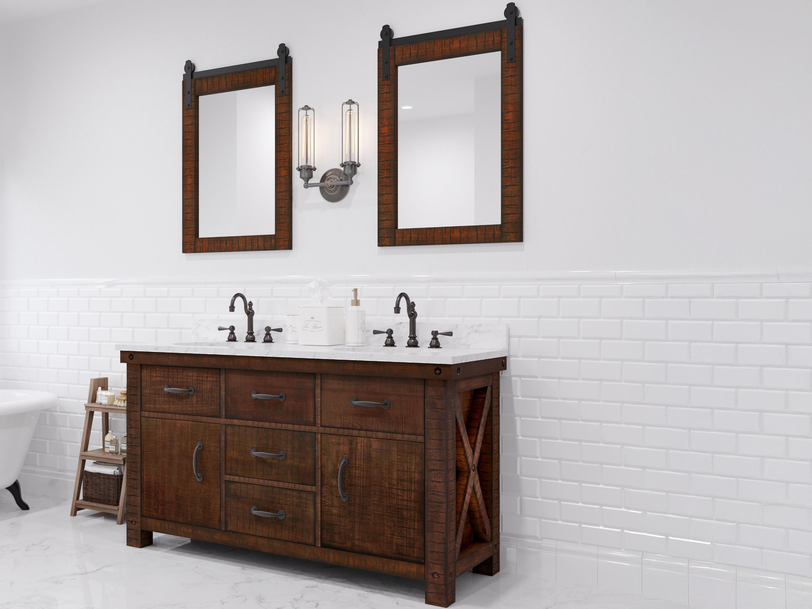 Water Creation Aberdeen White Marble Countertop Bath Vanity in Rustic Sienna with Oil Rubbed Bronze Hook Faucets and Barn Door Style Mirror (S)