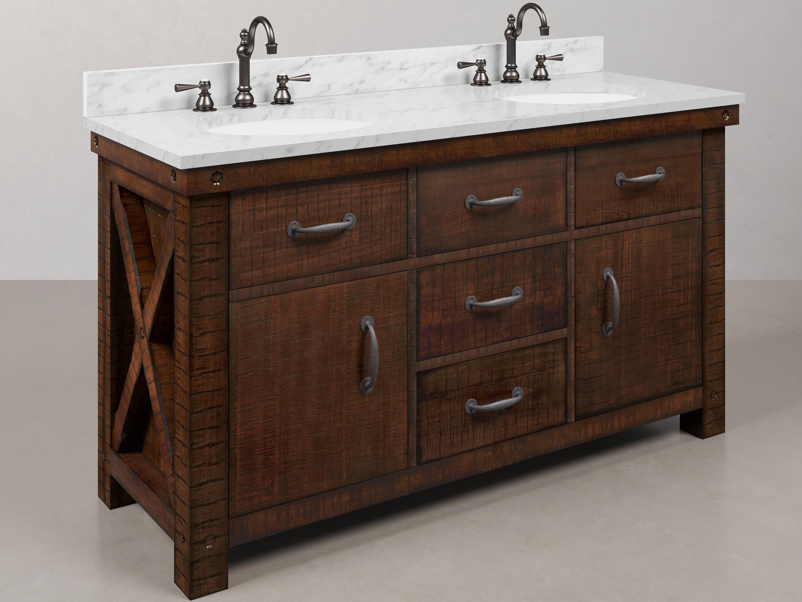Water Creation Aberdeen White Marble Countertop Bath Vanity in Rustic Sienna with Oil Rubbed Bronze Hook Faucets and Barn Door Style Mirror (S)