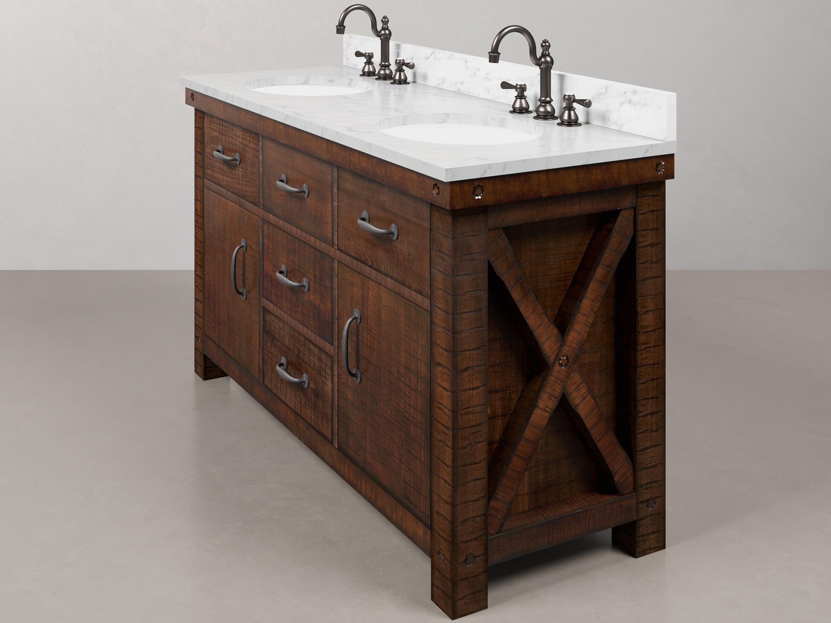 Water Creation Aberdeen White Marble Countertop Bath Vanity in Rustic Sienna with Oil Rubbed Bronze Hook Faucets and Barn Door Style Mirror (S)