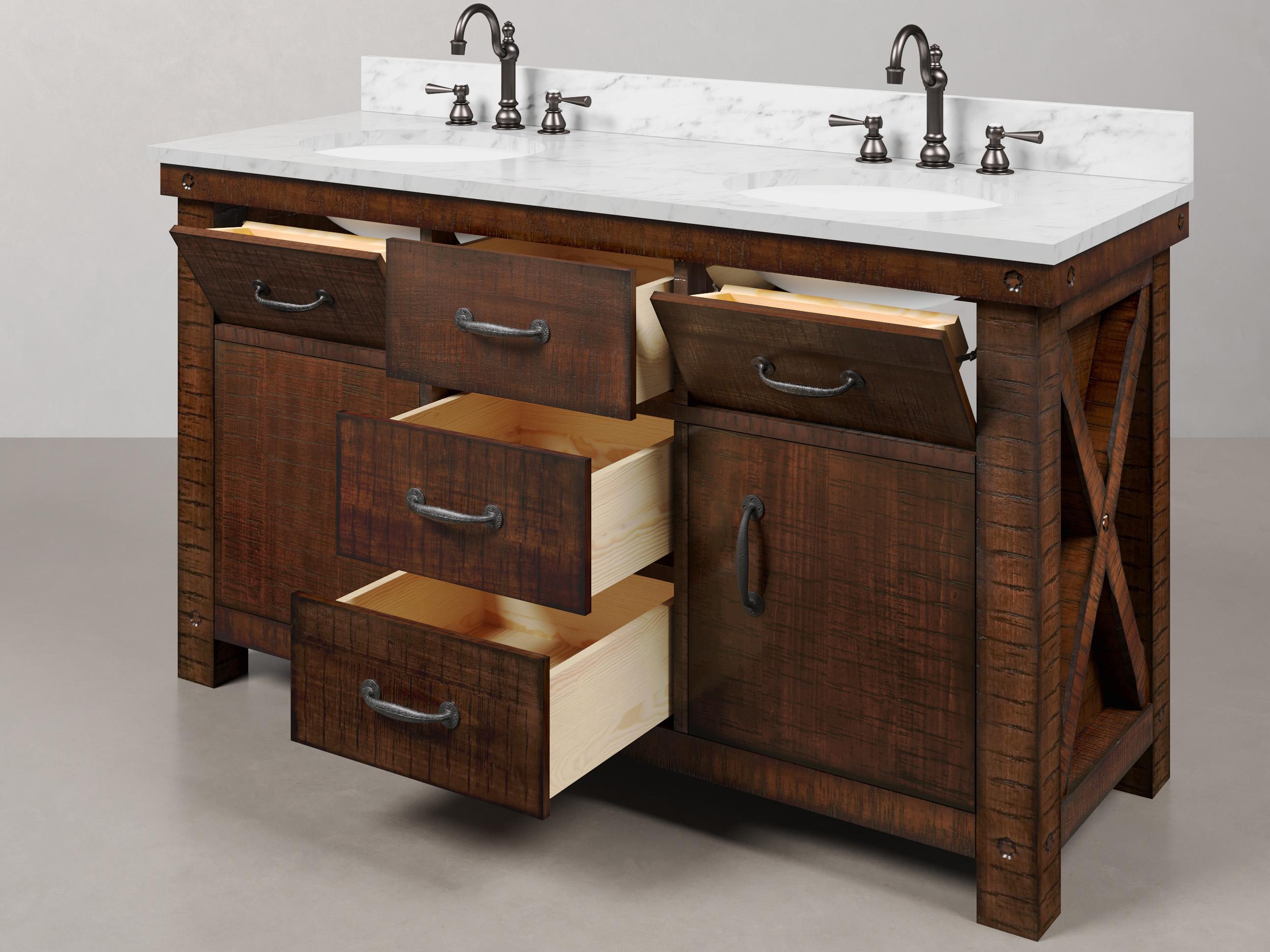 Water Creation Aberdeen White Marble Countertop Bath Vanity in Rustic Sienna with Oil Rubbed Bronze Hook Faucets and Barn Door Style Mirror (S)