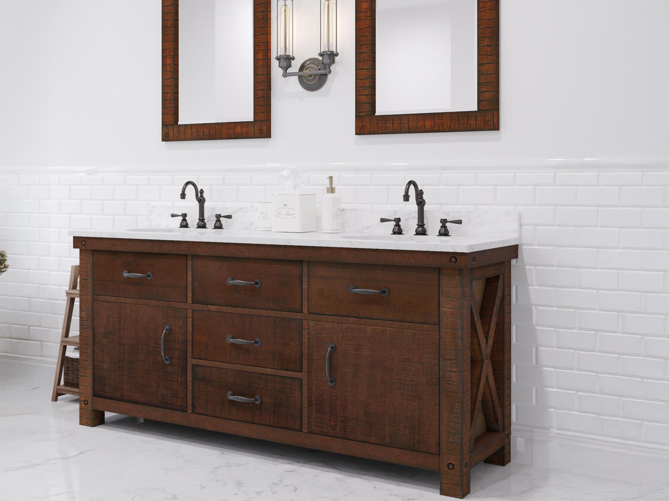 Water Creation Aberdeen White Marble Countertop Bath Vanity in Rustic Sienna with Oil Rubbed Bronze Hook Faucets