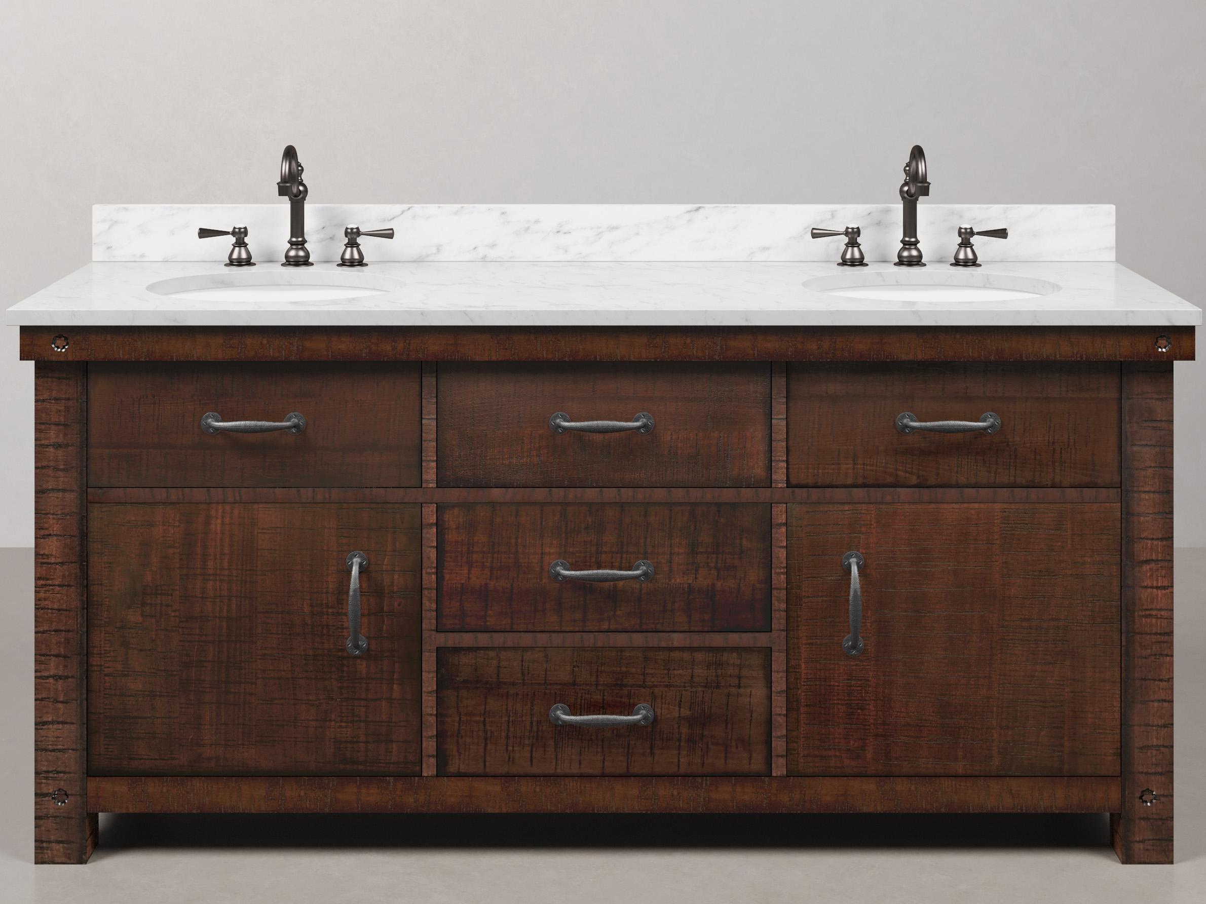 Water Creation Aberdeen White Marble Countertop Bath Vanity in Rustic Sienna with Oil Rubbed Bronze Hook Faucets