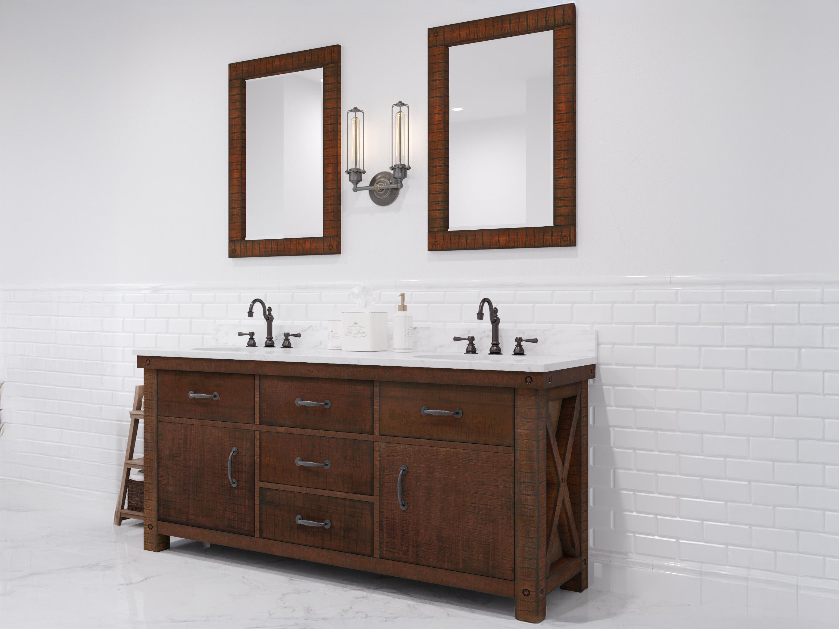 Water Creation Aberdeen White Marble Countertop Bath Vanity in Rustic Sienna with Oil Rubbed Bronze Hook Faucets and Rectangular Mirrors (S)