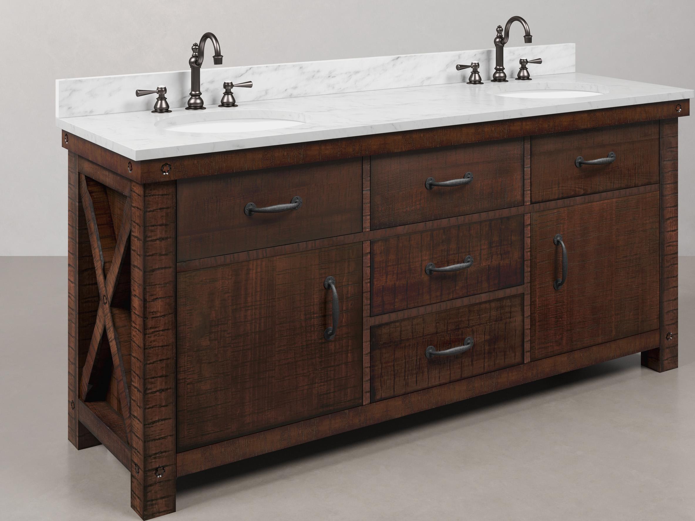 Water Creation Aberdeen White Marble Countertop Bath Vanity in Rustic Sienna with Oil Rubbed Bronze Hook Faucets and Rectangular Mirrors (S)