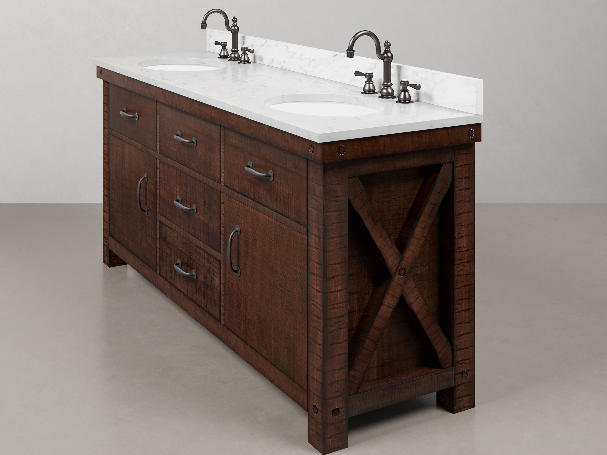 Water Creation Aberdeen White Marble Countertop Bath Vanity in Rustic Sienna with Oil Rubbed Bronze Hook Faucets and Rectangular Mirrors (S)