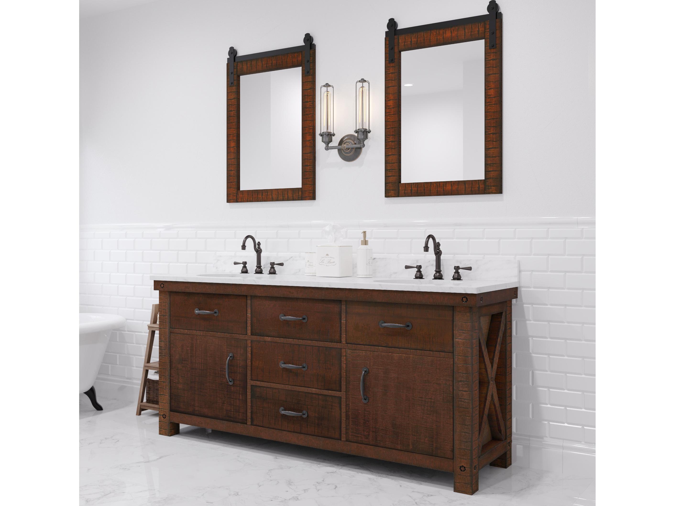 Water Creation Aberdeen White Marble Countertop Bath Vanity in Rustic Sienna with Barn Door Style Mirror