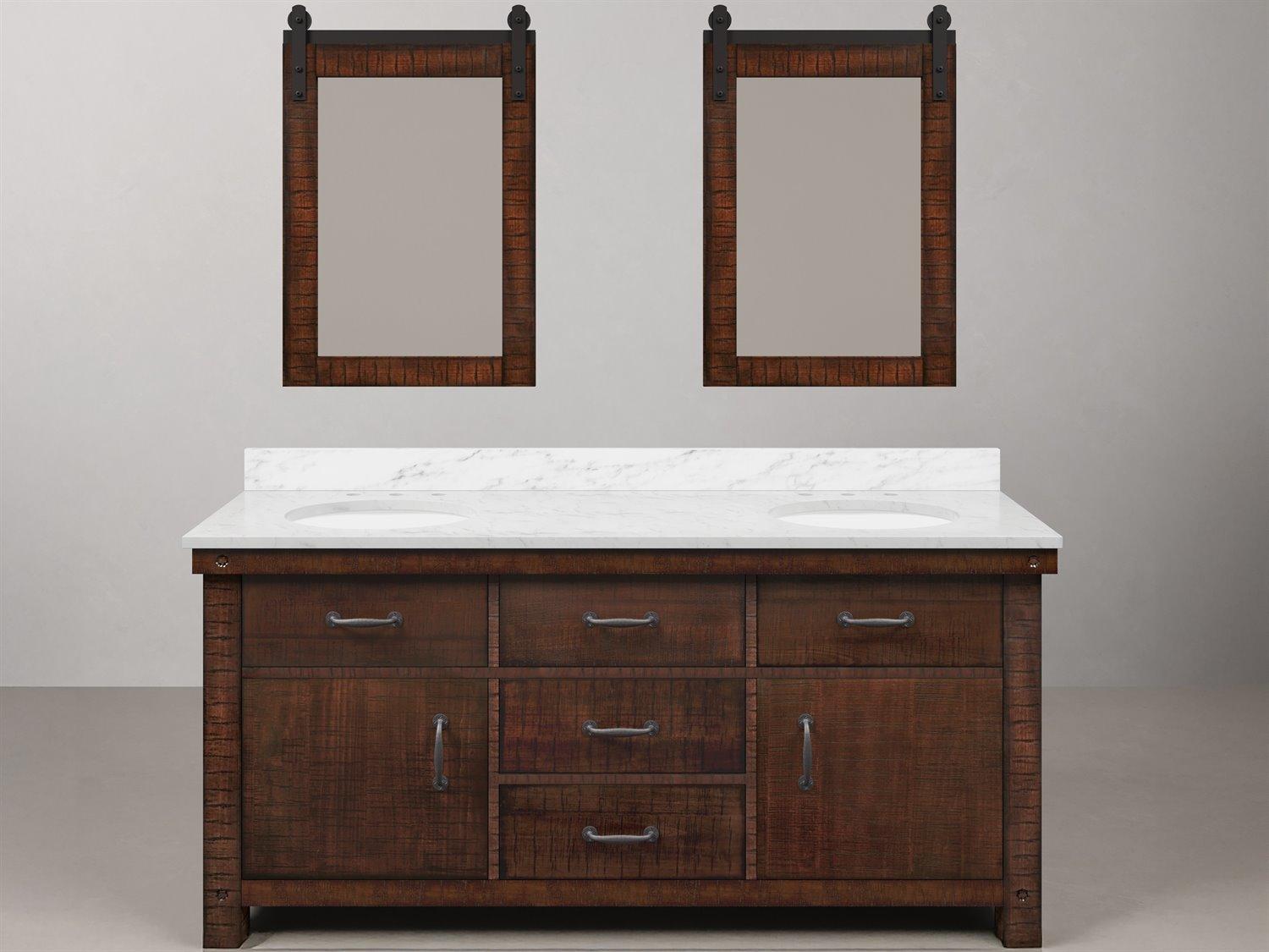 Water Creation Aberdeen White Marble Countertop Bath Vanity in Rustic Sienna with Barn Door Style Mirror