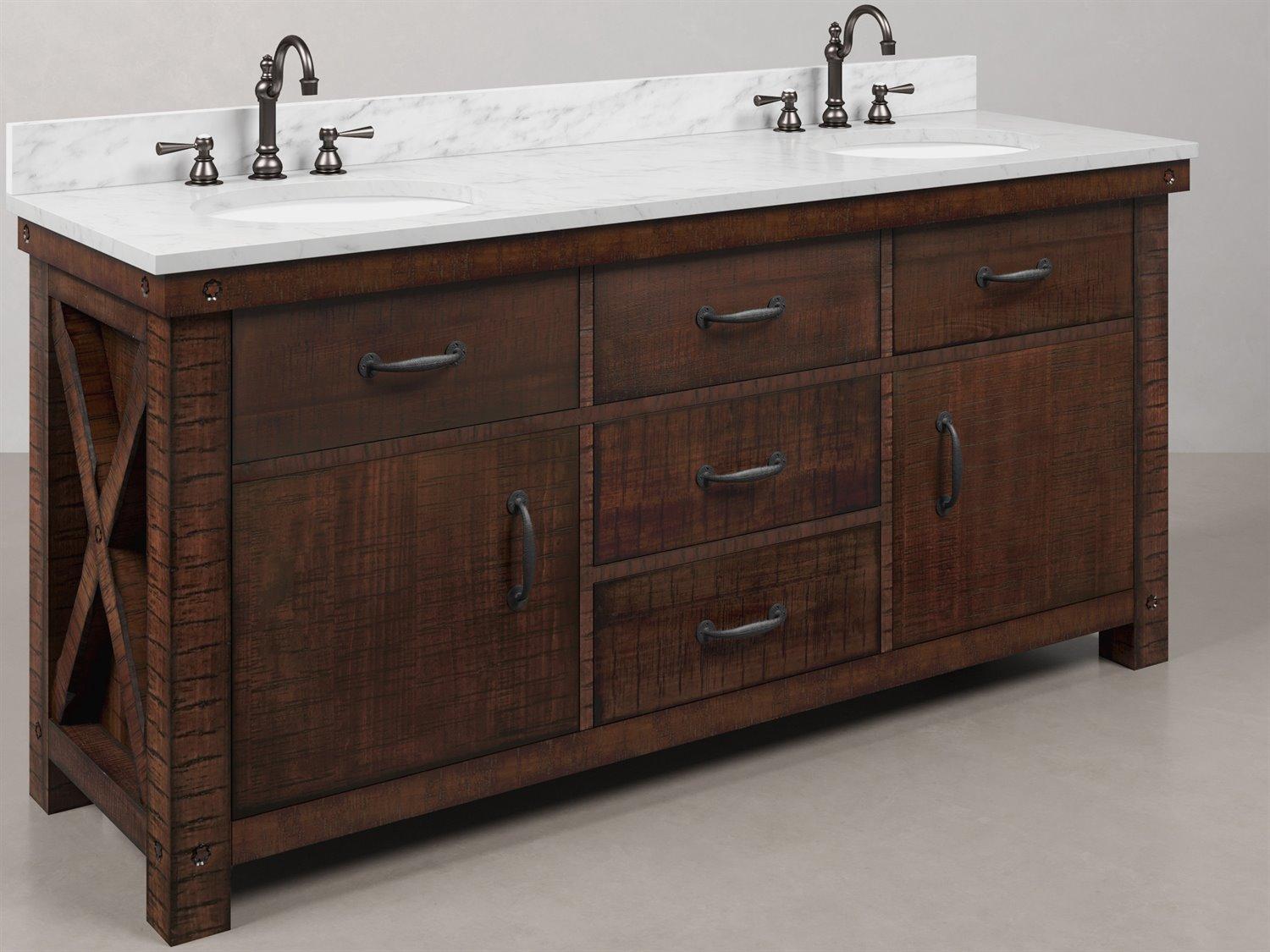 Water Creation Aberdeen White Marble Countertop Bath Vanity in Rustic Sienna with Oil Rubbed Bronze Hook Faucets and Barn Door Style Mirror