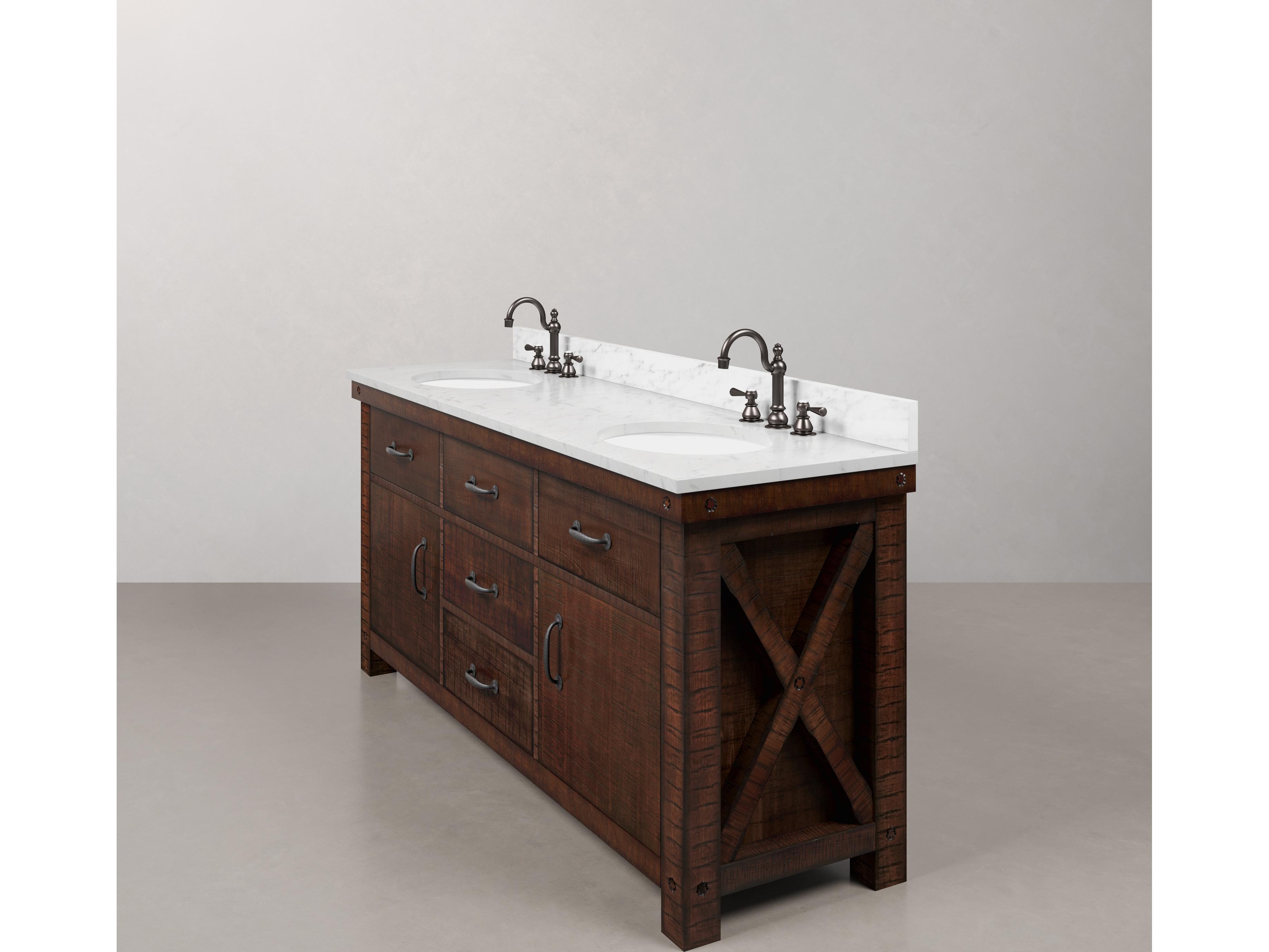Water Creation Aberdeen White Marble Countertop Bath Vanity in Rustic Sienna with Oil Rubbed Bronze Hook Faucets and Barn Door Style Mirror