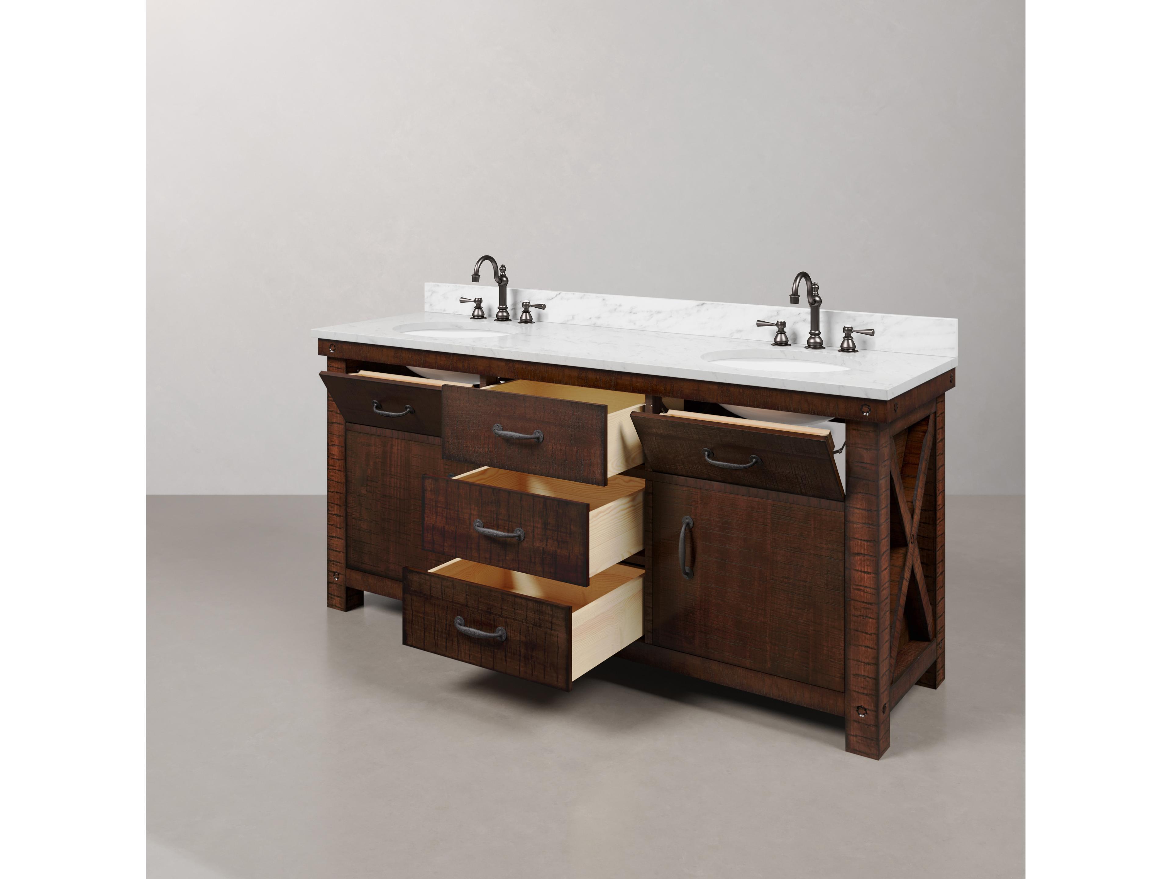 Water Creation Aberdeen White Marble Countertop Bath Vanity in Rustic Sienna with Oil Rubbed Bronze Hook Faucets and Barn Door Style Mirror