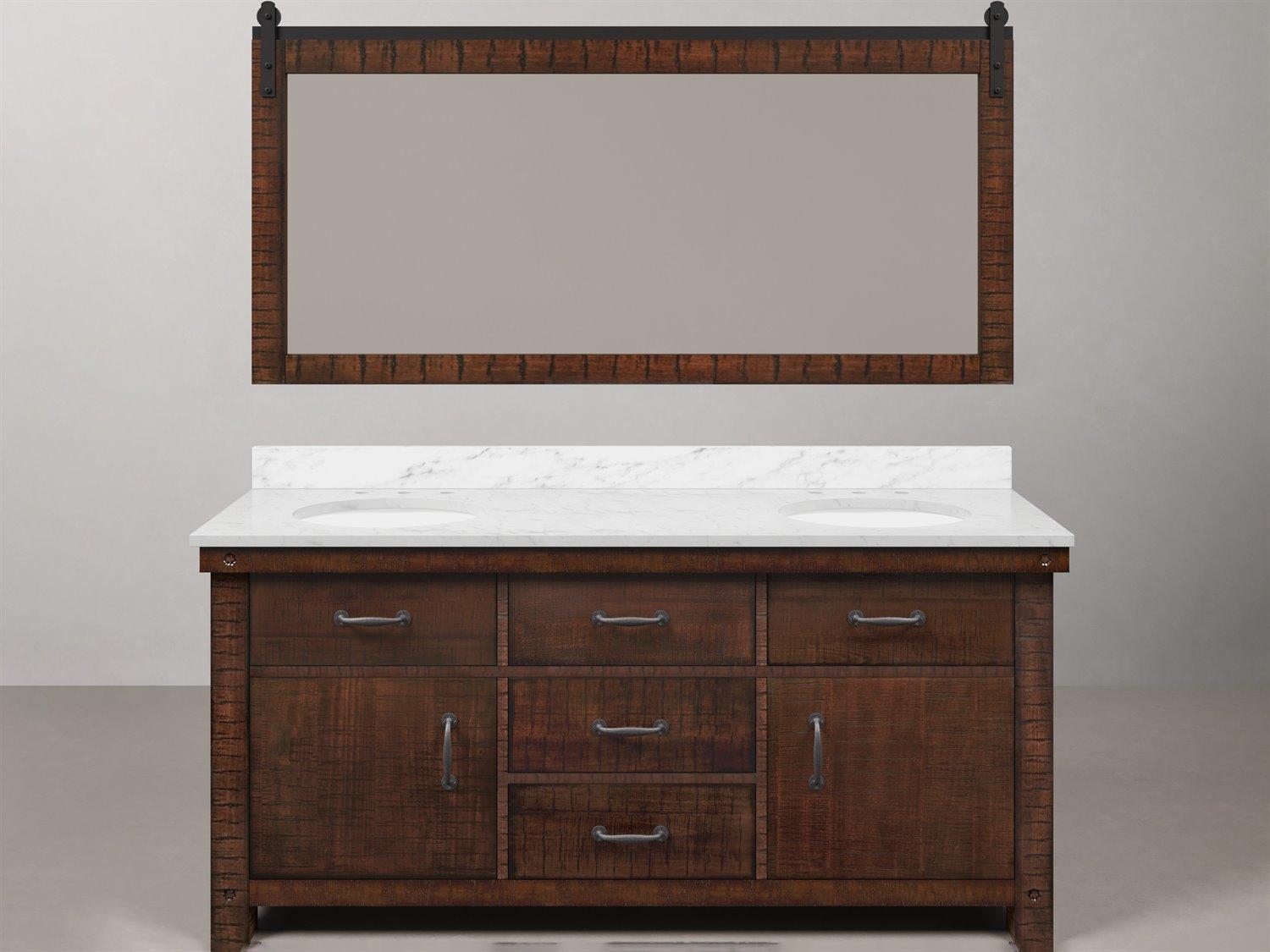 Water Creation Aberdeen Double Sink Carrara White Marble Countertop Bath Vanity in Rustic Sienna with Barn Door Style Mirror