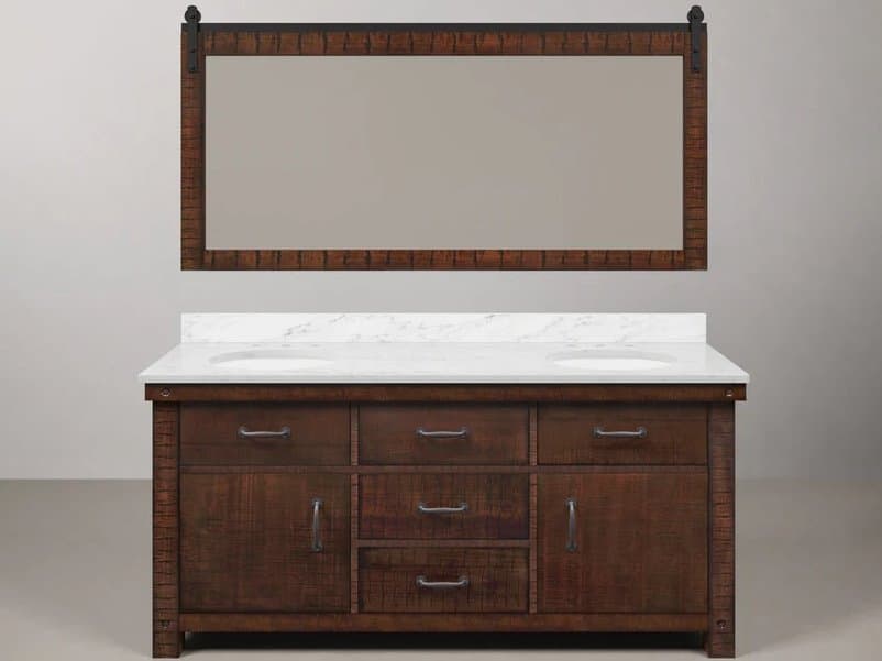 Water Creation Aberdeen Double Sink Carrara White Marble Countertop Bath Vanity in Rustic Sienna with Barn Door Style Mirror