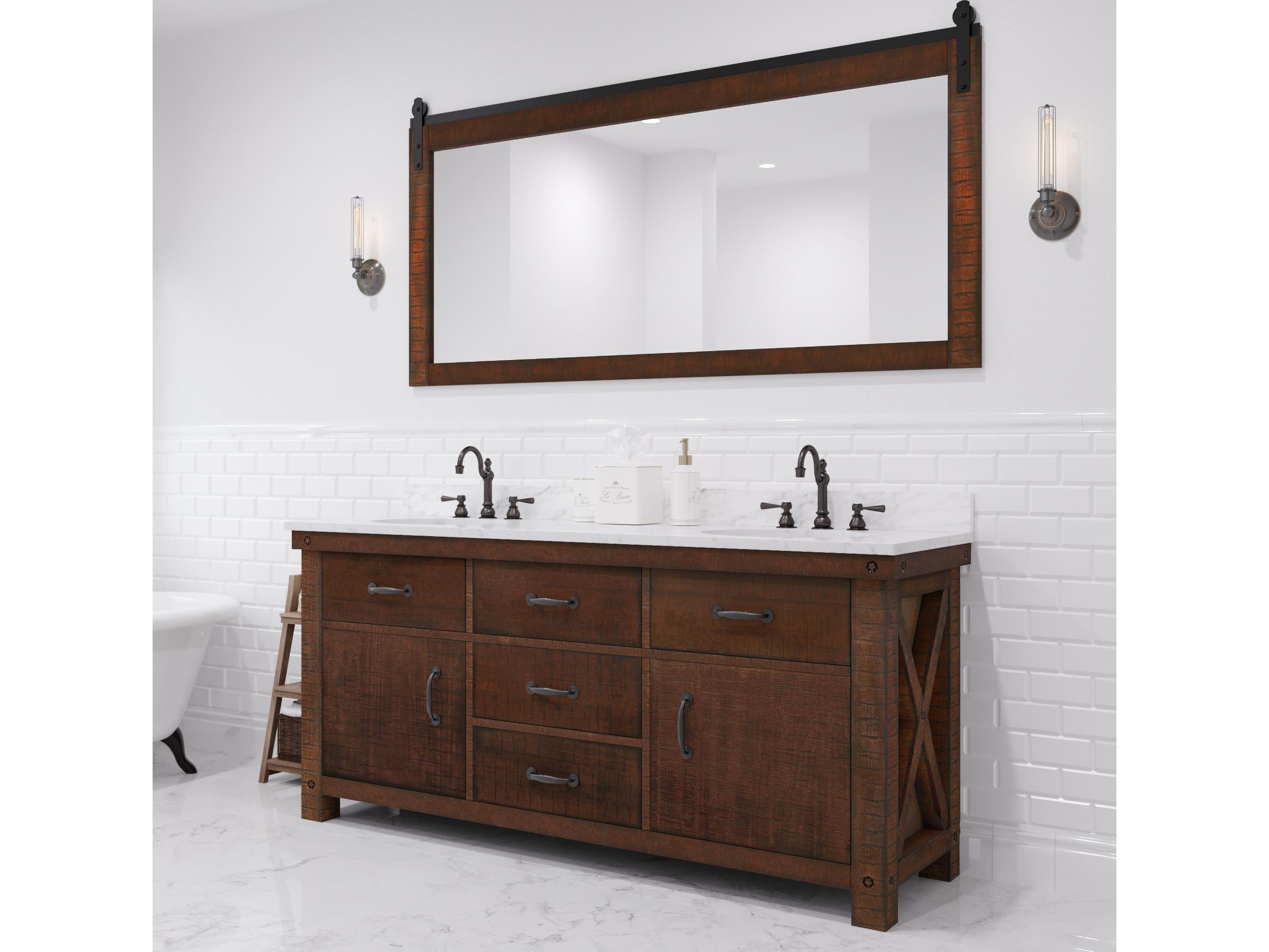 Water Creation Aberdeen White Marble Countertop Bath Vanity in Rustic Sienna with Oil Rubbed Bronze Hook Faucets and Barn Door Style Mirror (L)