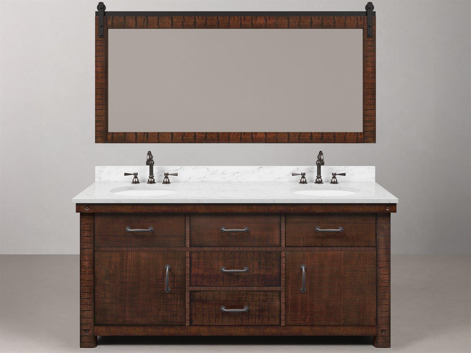Water Creation Aberdeen White Marble Countertop Bath Vanity in Rustic Sienna with Oil Rubbed Bronze Hook Faucets and Barn Door Style Mirror (L)