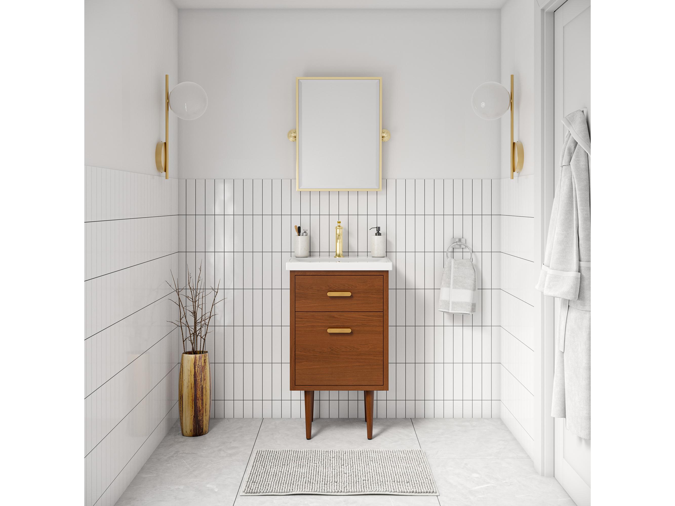 Water Creation Brandy Integrated Ceramic Sink Top Vanity in Honey Walnut with Satin Gold Single Faucet