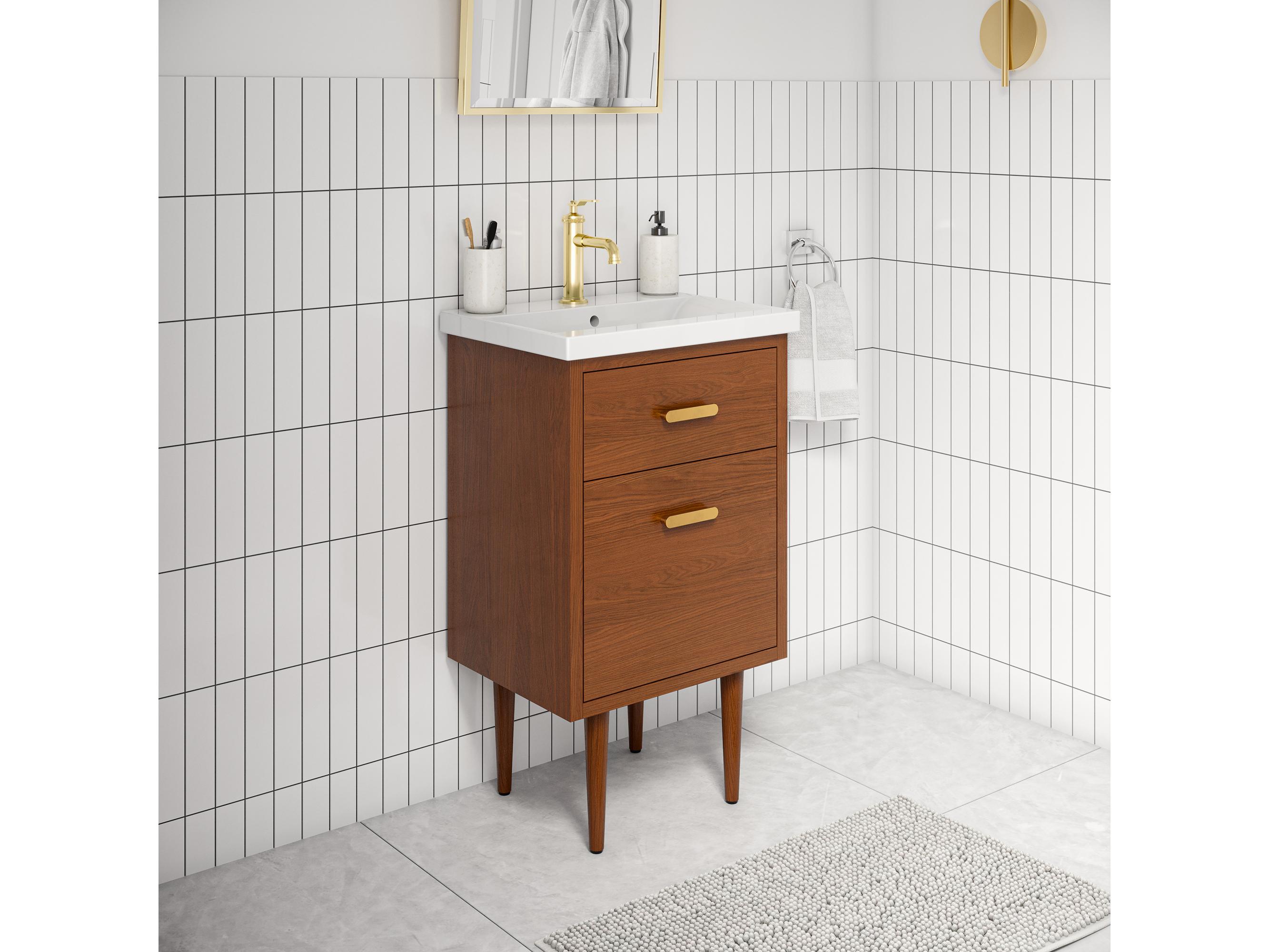 Water Creation Brandy Integrated Ceramic Sink Top Vanity in Honey Walnut with Satin Gold Single Faucet