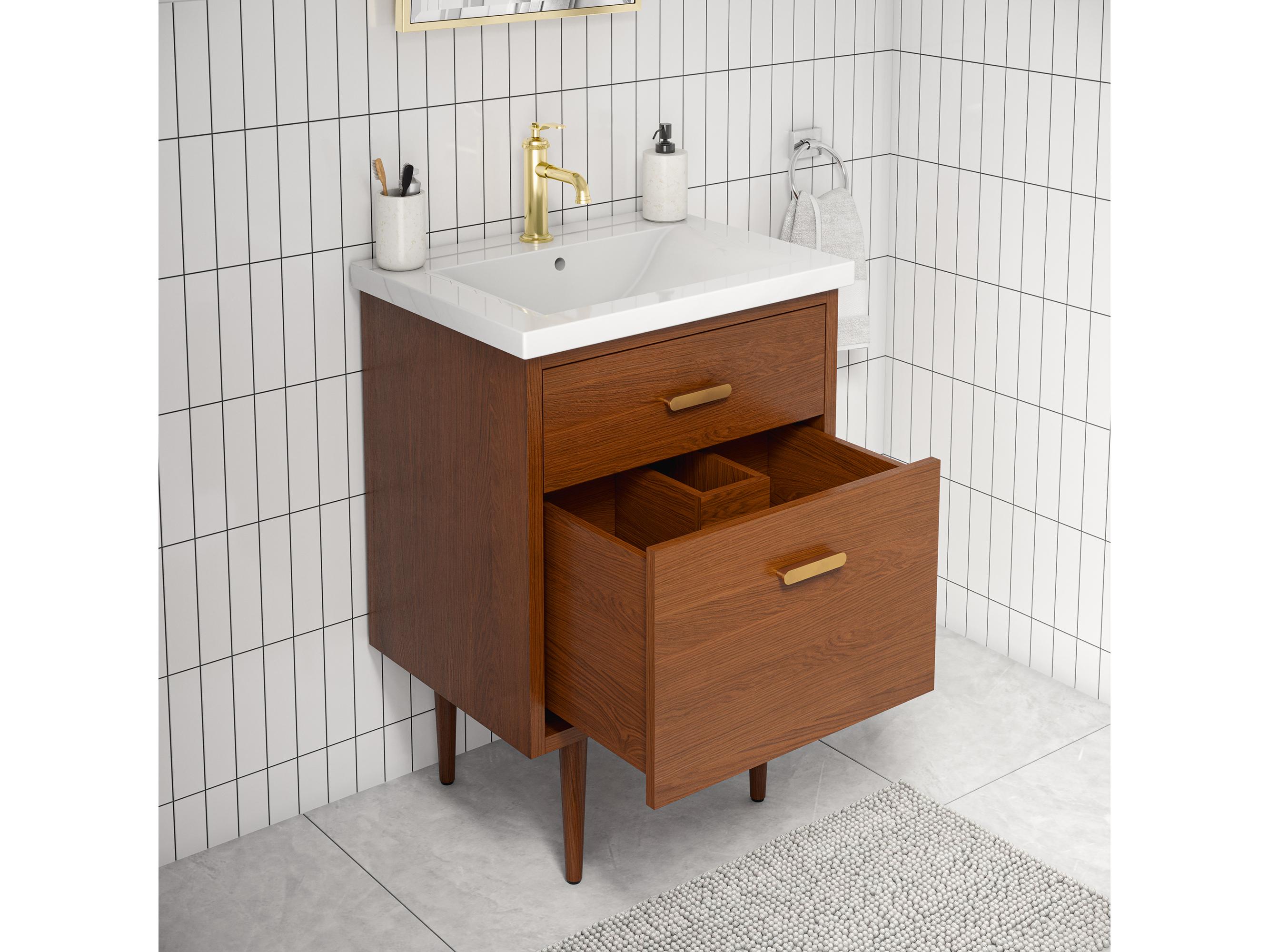 Water Creation Brandy Satin Gold Vanity in Honey Walnut with Satin Gold Single Faucet