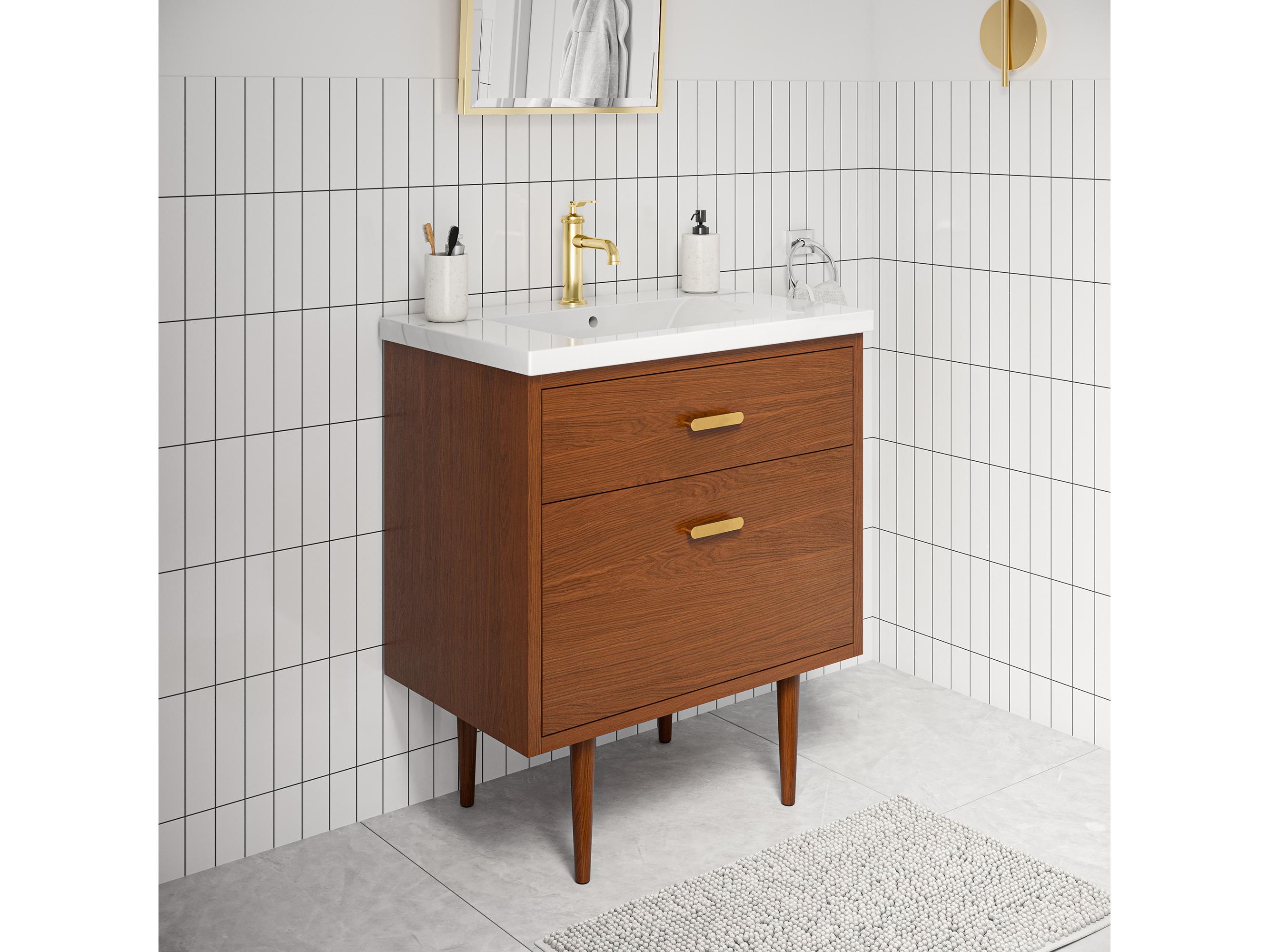 Water Creation Brandy Satin Gold Vanity in Honey Walnut with Satin Gold Single Faucet
