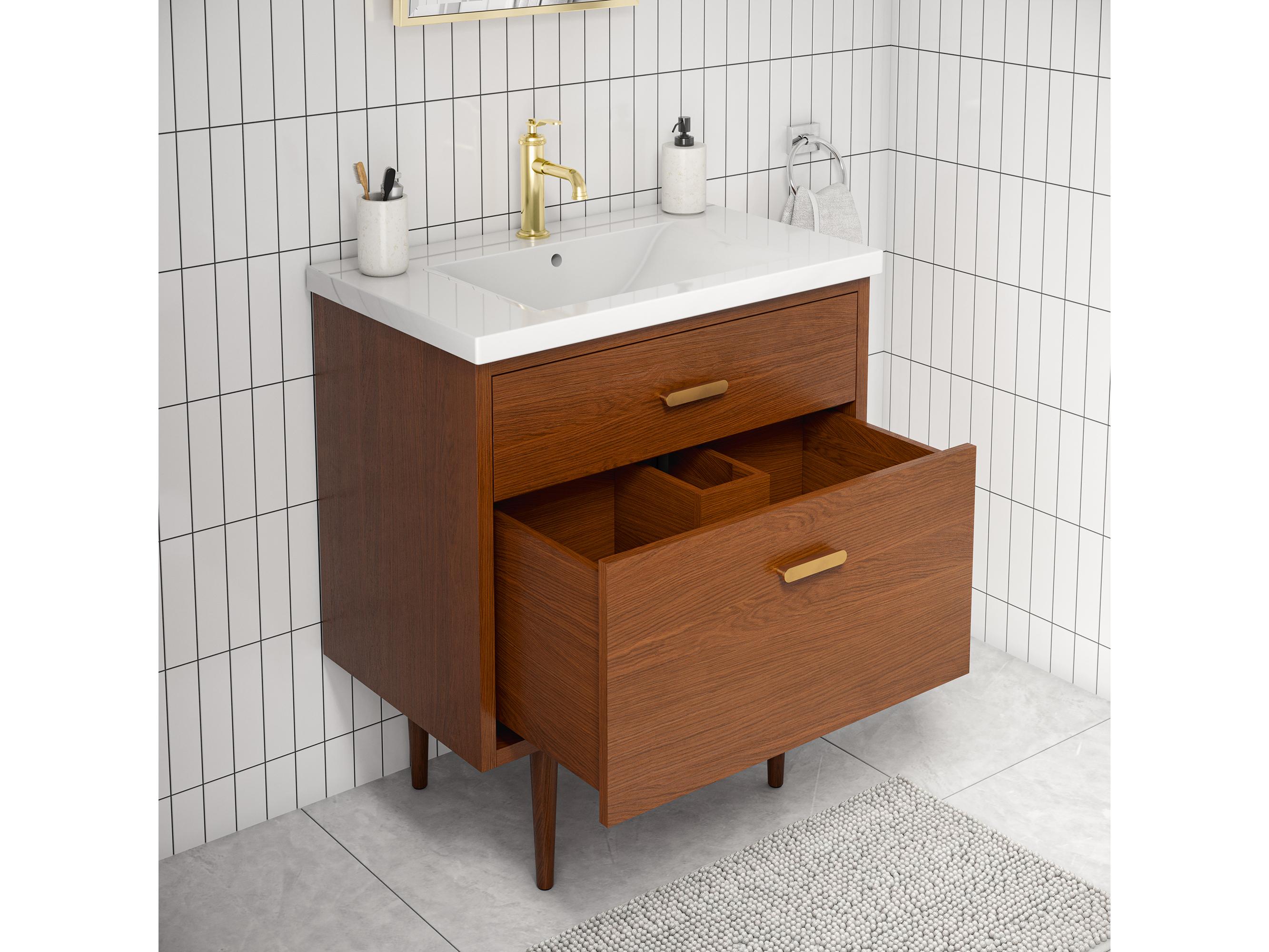Water Creation Brandy Satin Gold Vanity in Honey Walnut with Satin Gold Single Faucet