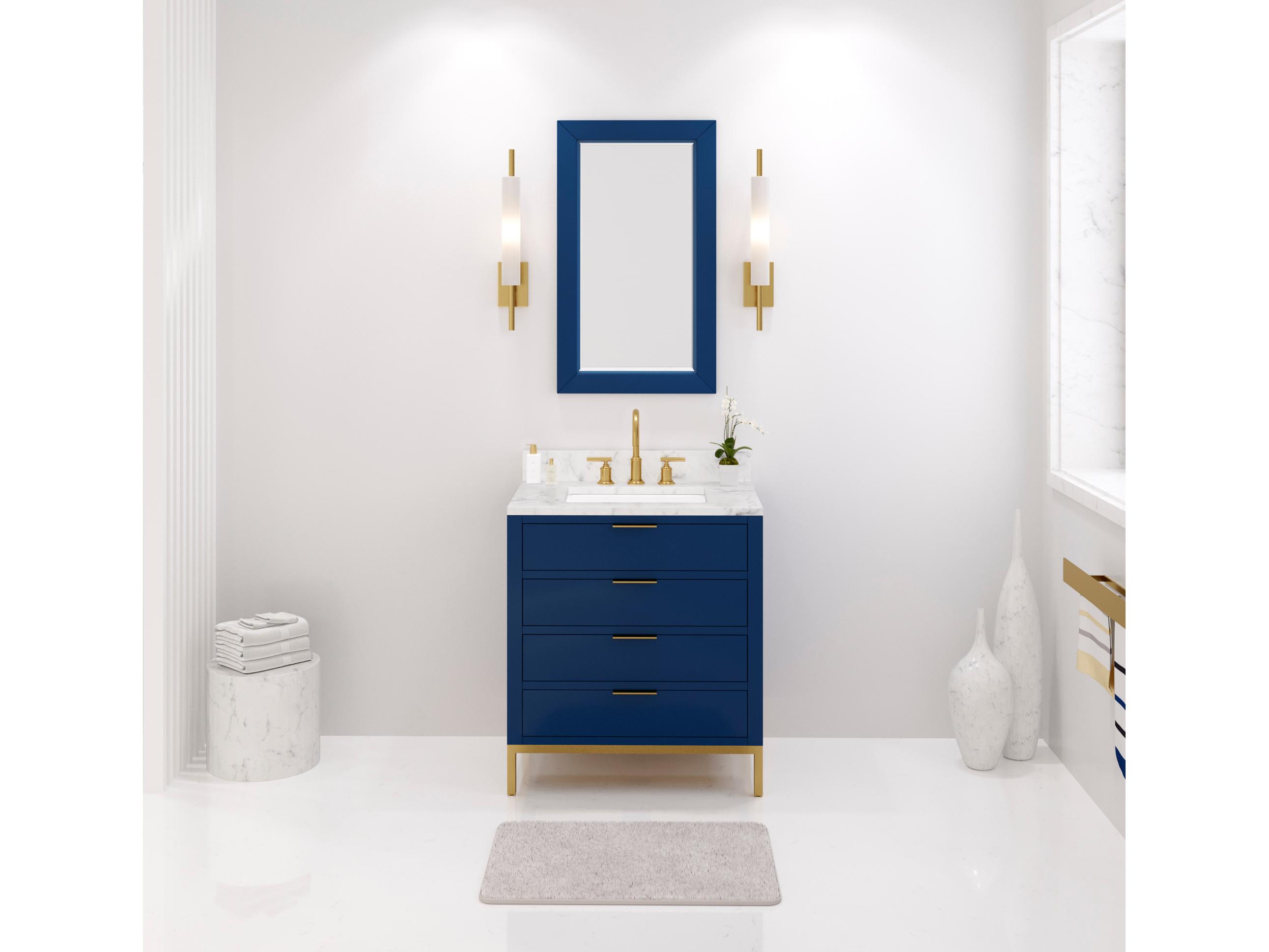 Water Creation Bristol Single Sink Carrara White Marble Countertop Bath Vanity in Monarch Blue with Satin Gold Gooseneck Faucet