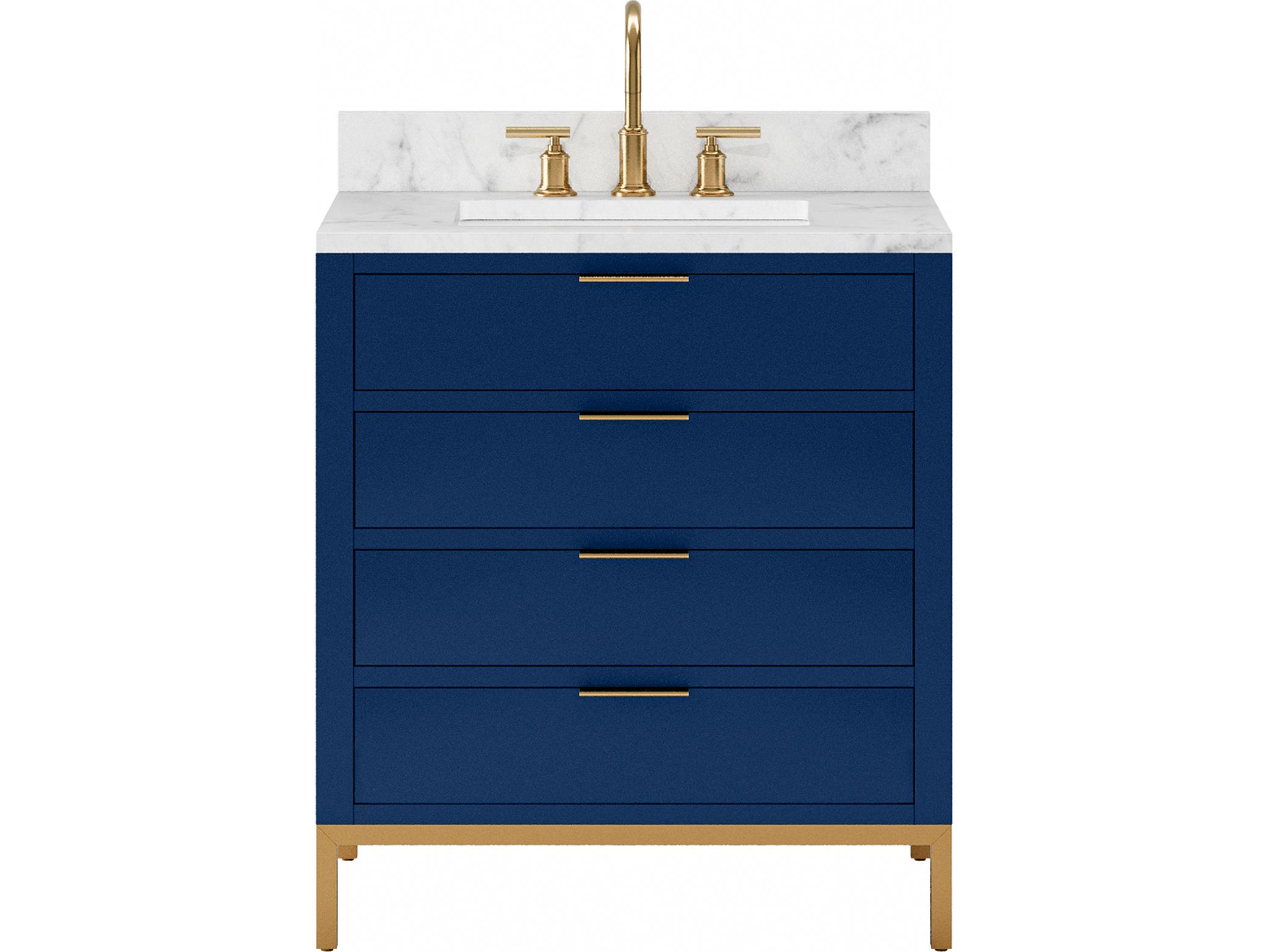 Water Creation Bristol Single Sink Carrara White Marble Countertop Bath Vanity in Monarch Blue with Satin Gold Gooseneck Faucet