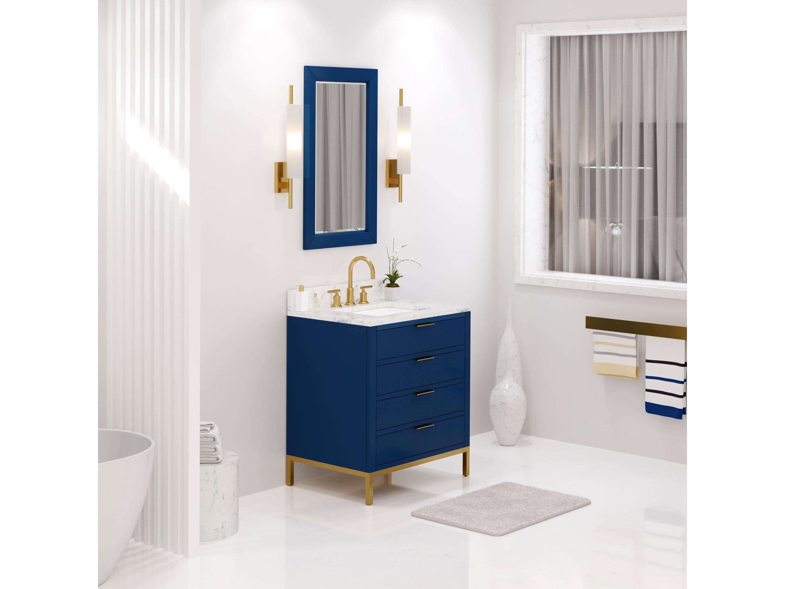 Water Creation Bristol Single Sink Carrara White Marble Countertop Bath Vanity in Monarch Blue with Satin Gold Gooseneck Faucet