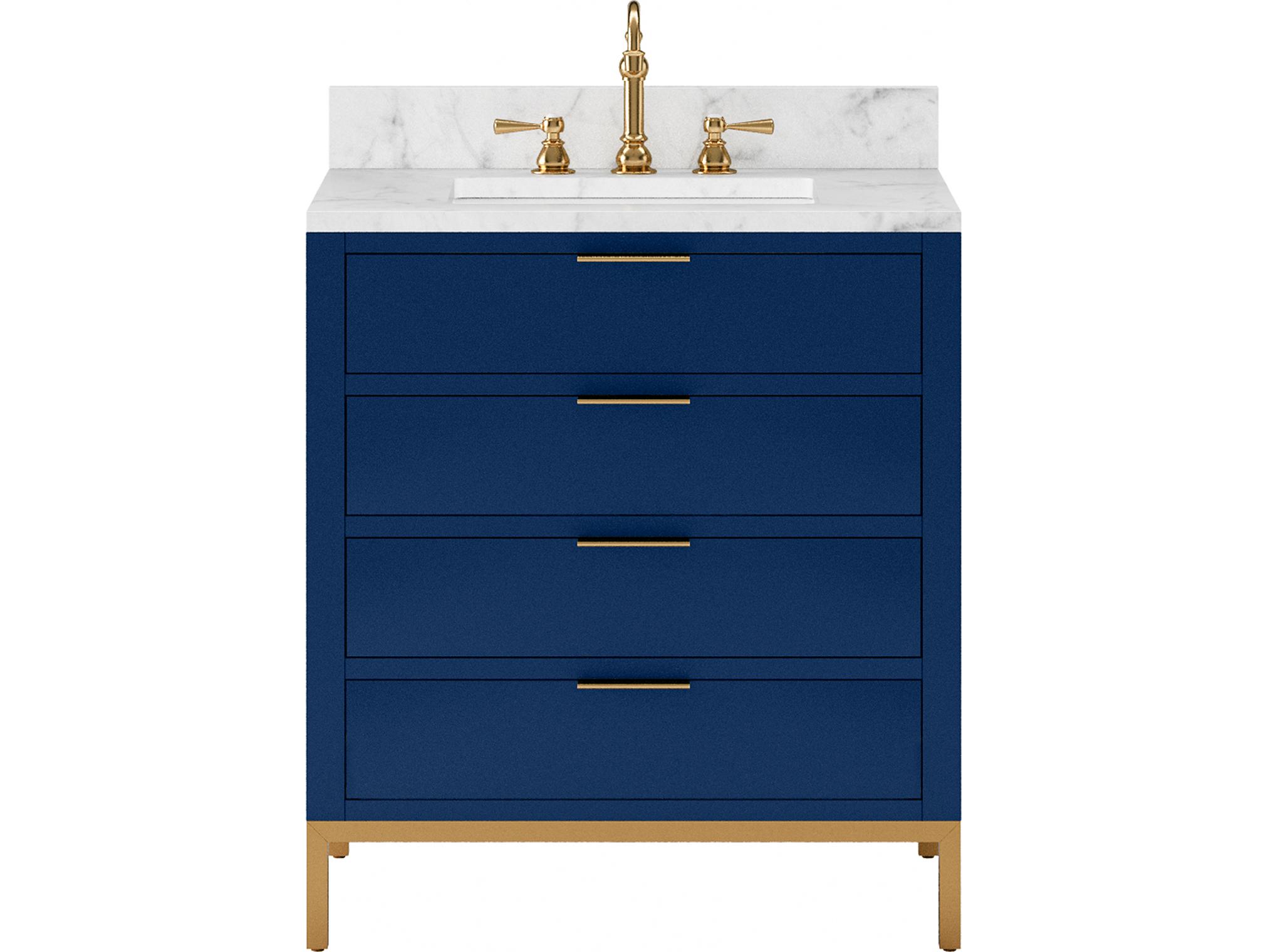 Water Creation Bristol Single Sink Carrara White Marble Countertop Bath Vanity in Monarch Blue with Satin Gold Hook Faucet