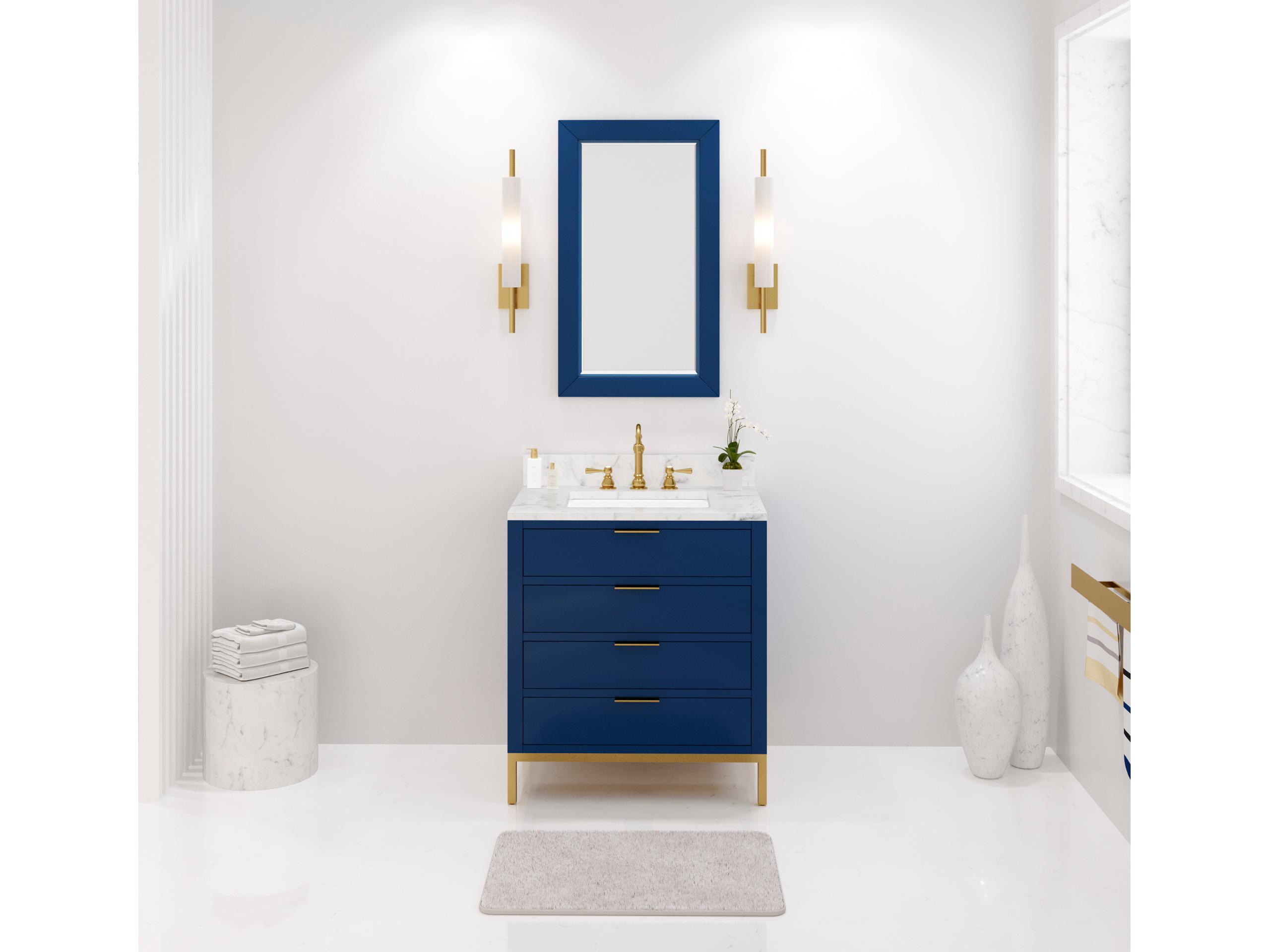 Water Creation Bristol Single Sink Carrara White Marble Countertop Bath Vanity in Monarch Blue with Rectangular Mirror (S)