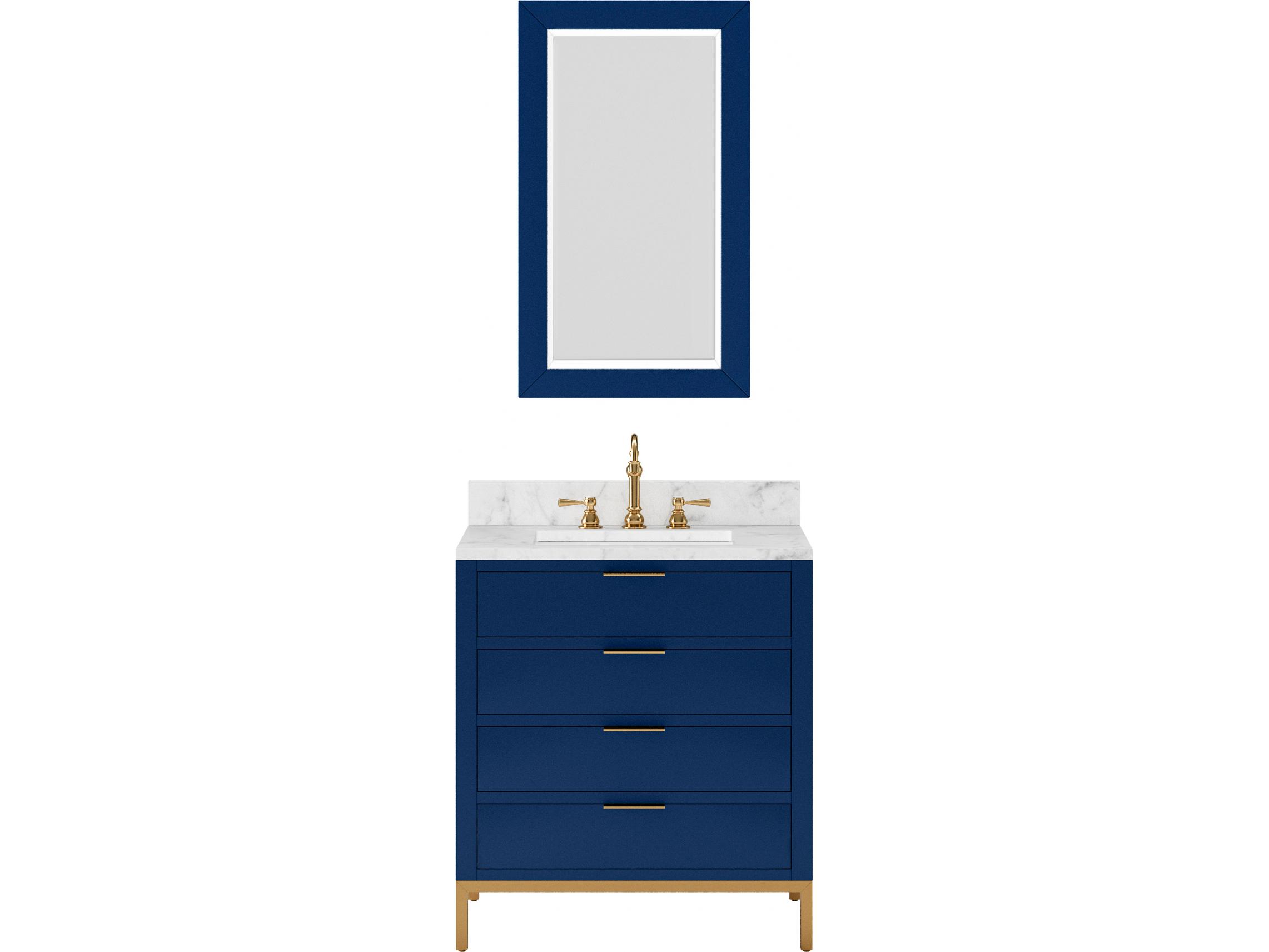 Water Creation Bristol Single Sink Carrara White Marble Countertop Bath Vanity in Monarch Blue with Rectangular Mirror (S)