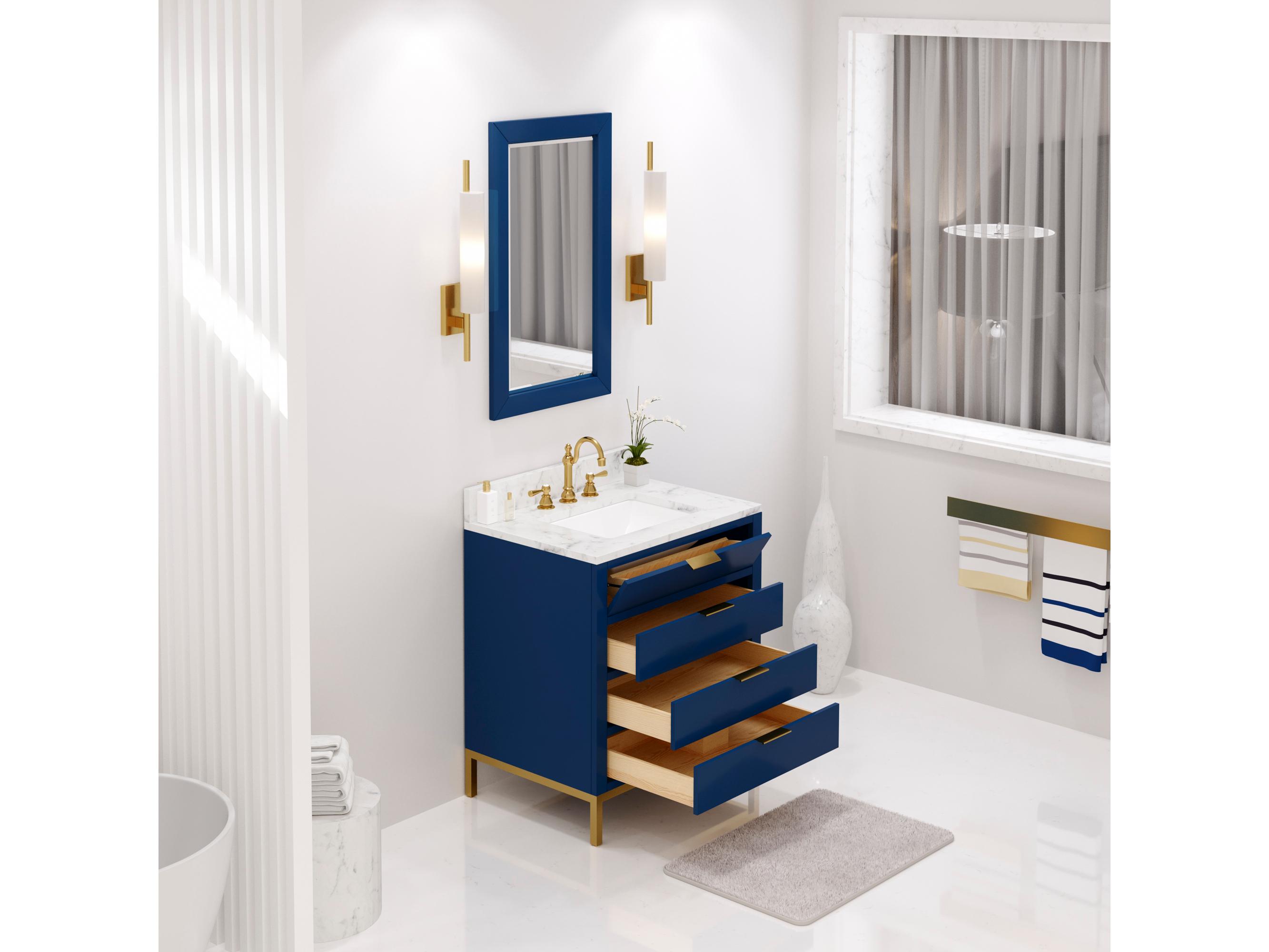 Water Creation Bristol Single Sink Carrara White Marble Countertop Bath Vanity in Monarch Blue with Rectangular Mirror (S)