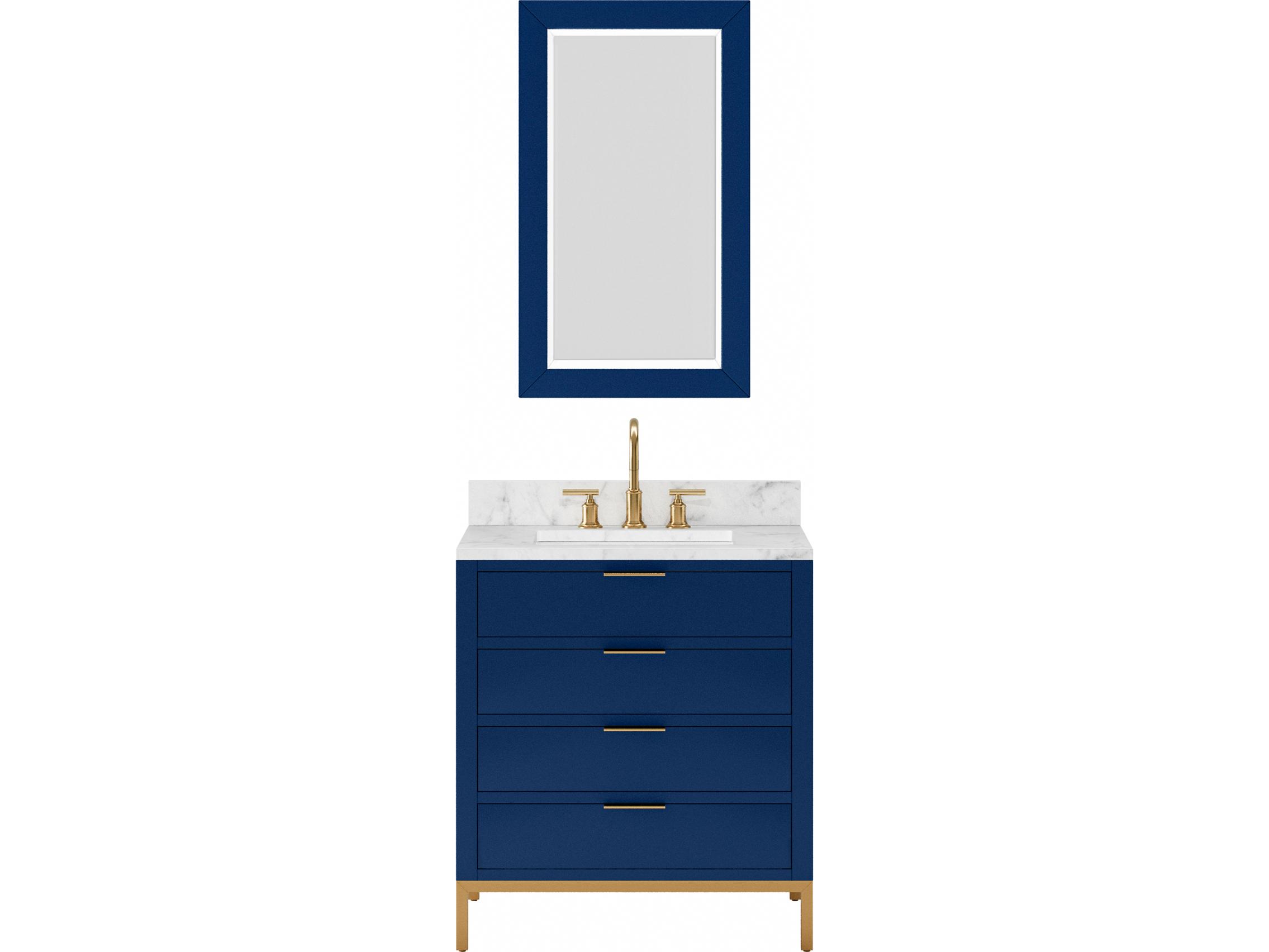 Water Creation Bristol Single Sink Carrara White Marble Countertop Bath Vanity in Monarch Blue with Satin Gold Gooseneck Faucet and Rectangular Mirror (S)