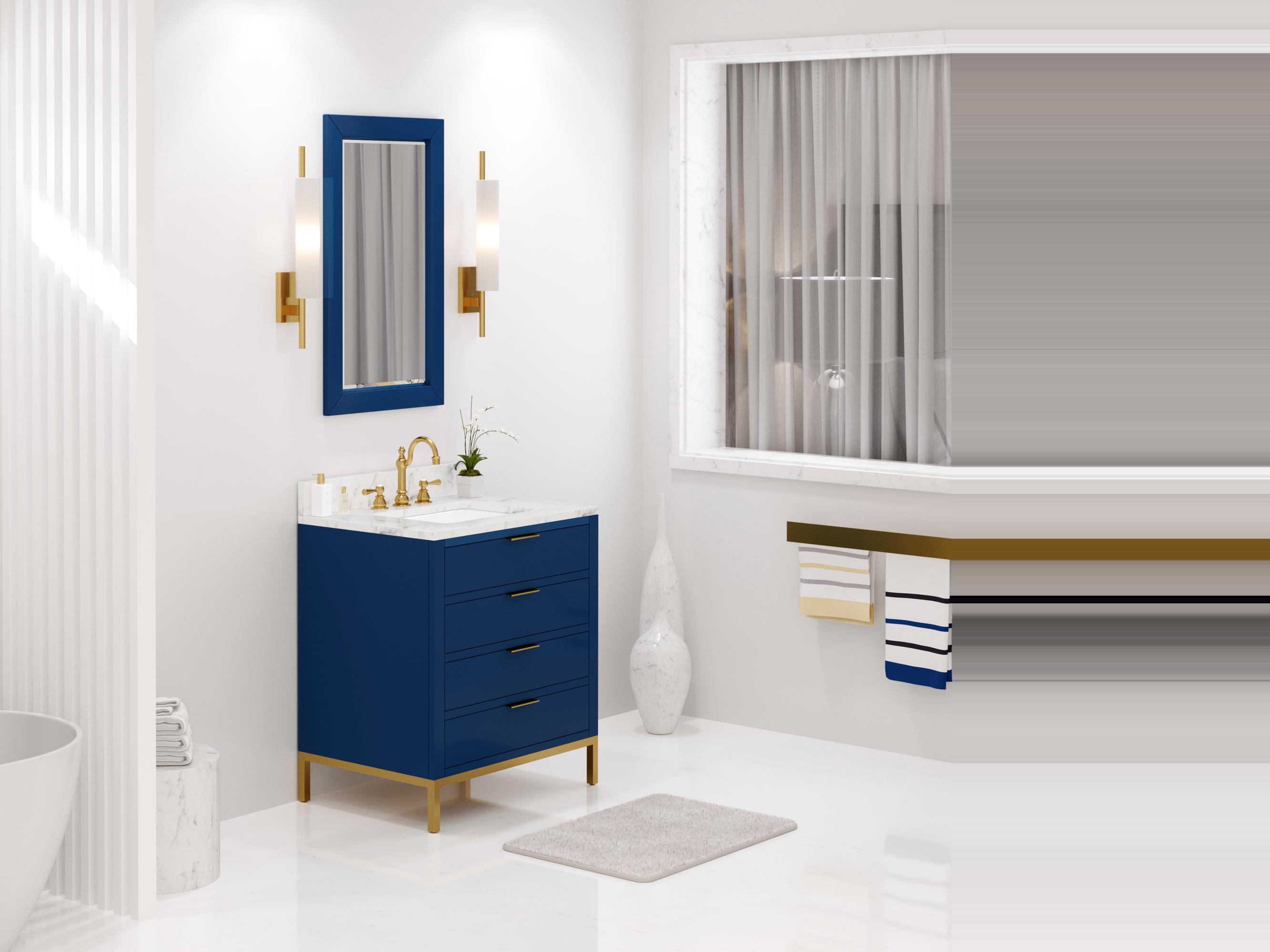 Water Creation Bristol Single Sink Carrara White Marble Countertop Bath Vanity in Monarch Blue with Satin Gold Hook Faucet and Rectangular Mirror (S)