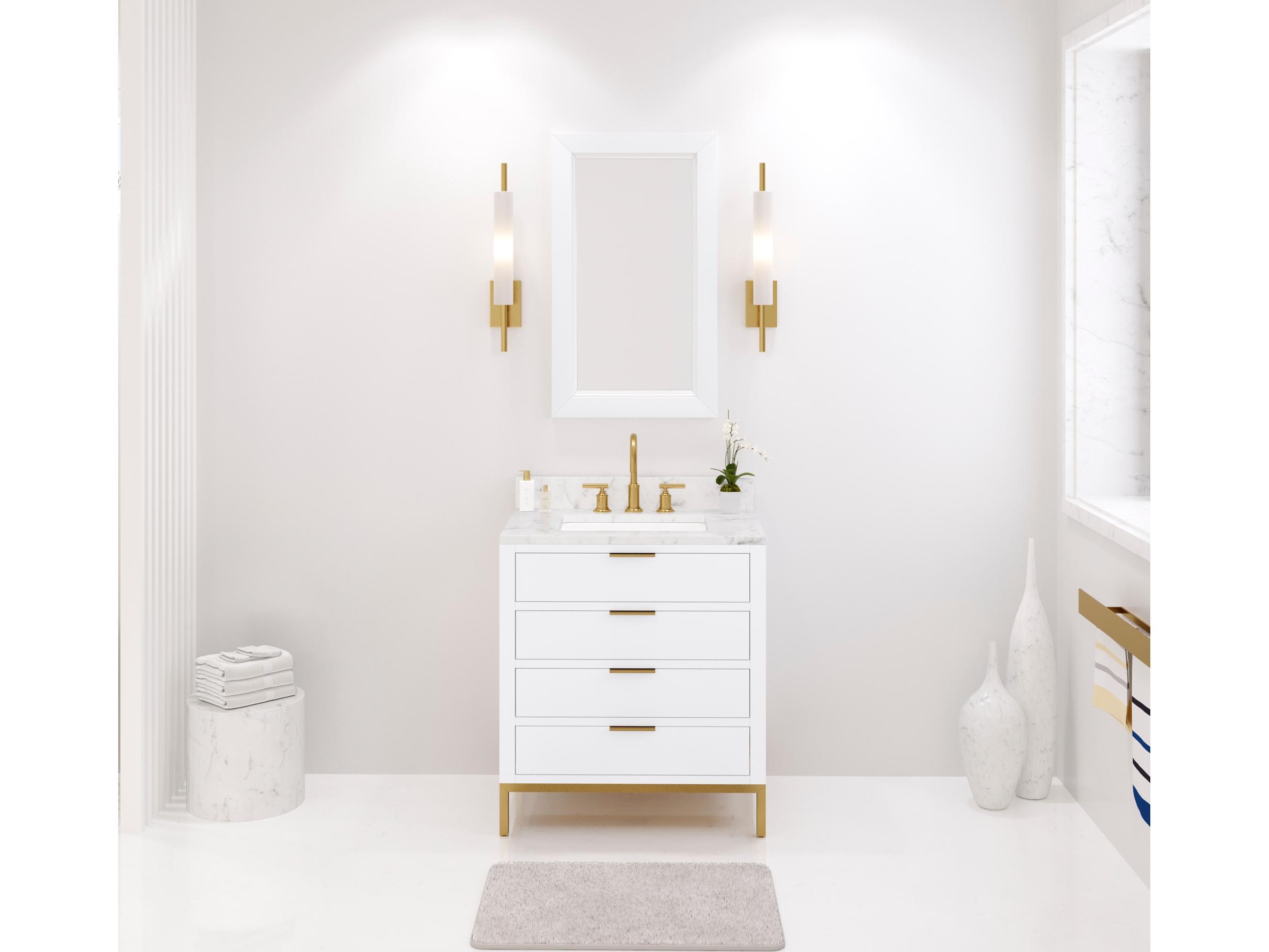 Water Creation Bristol Single Sink Carrara White Marble Countertop Bath Vanity in Pure White with Satin Gold Gooseneck Faucet