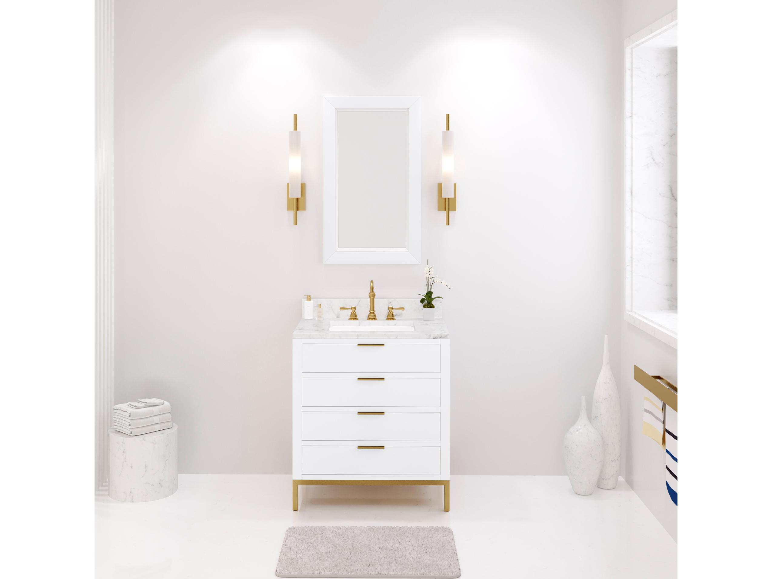 Water Creation Bristol Single Sink Carrara White Marble Countertop Bath Vanity in Pure White with Satin Gold Hook Faucet