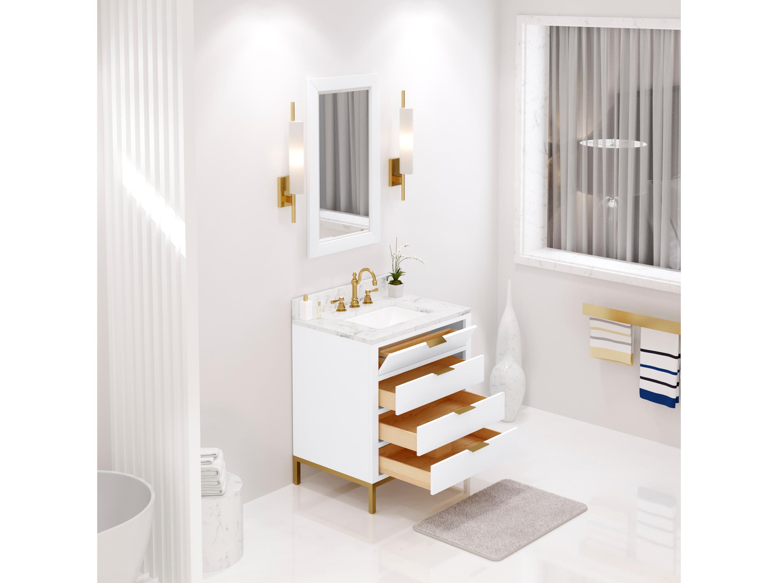 Water Creation Bristol Single Sink Carrara White Marble Countertop Bath Vanity in Pure White with Satin Gold Hook Faucet