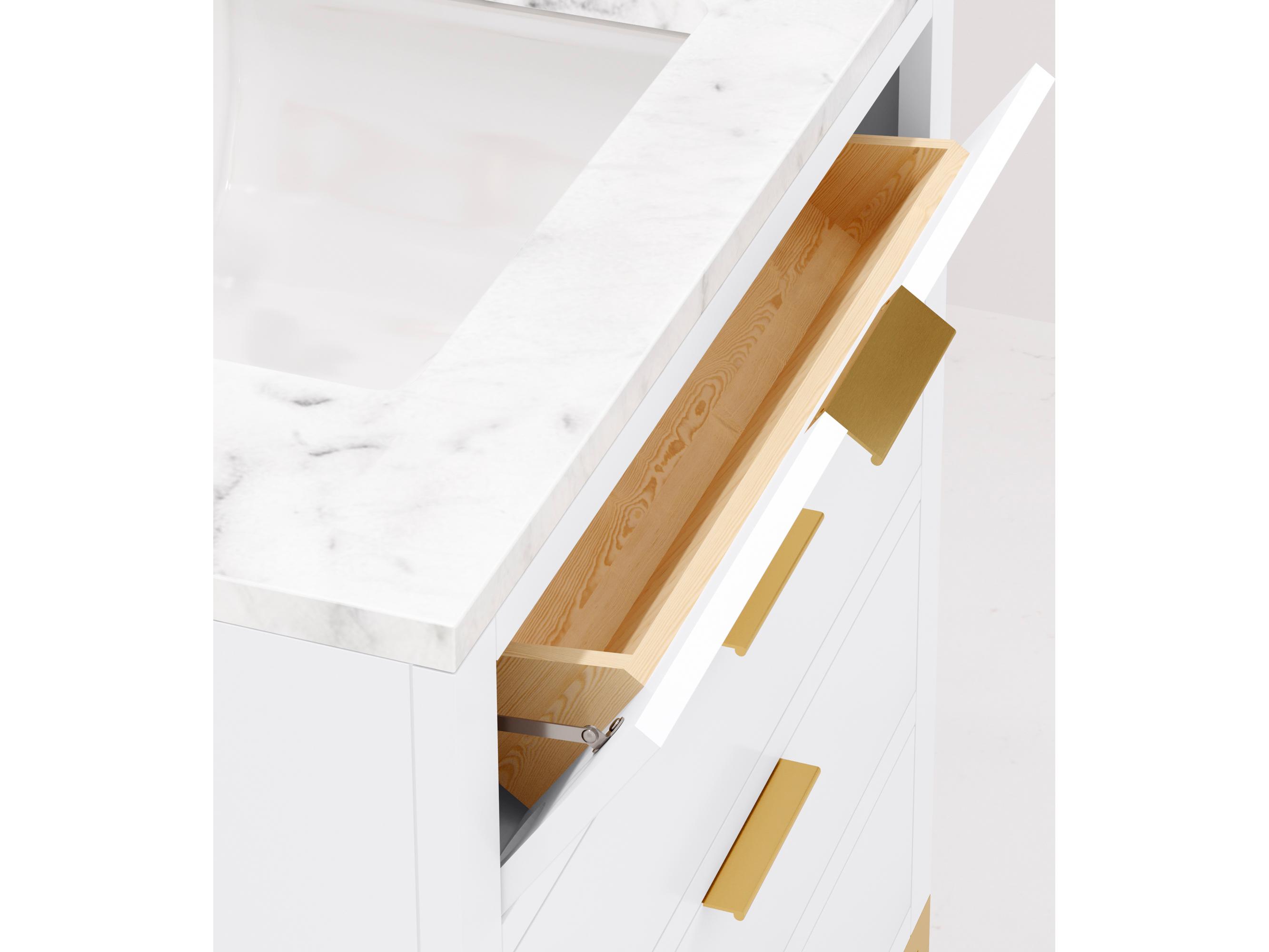 Water Creation Bristol Single Sink Carrara White Marble Countertop Bath Vanity in Pure White with Satin Gold Hook Faucet