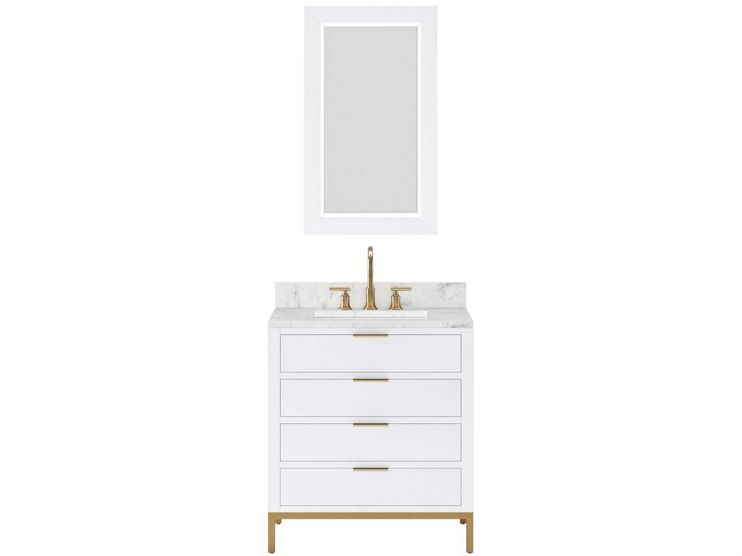 Water Creation Bristol  Single Sink Carrara White Marble Countertop Bath Vanity in Pure White with Satin Gold Gooseneck Faucet and Rectangular Mirror (S)