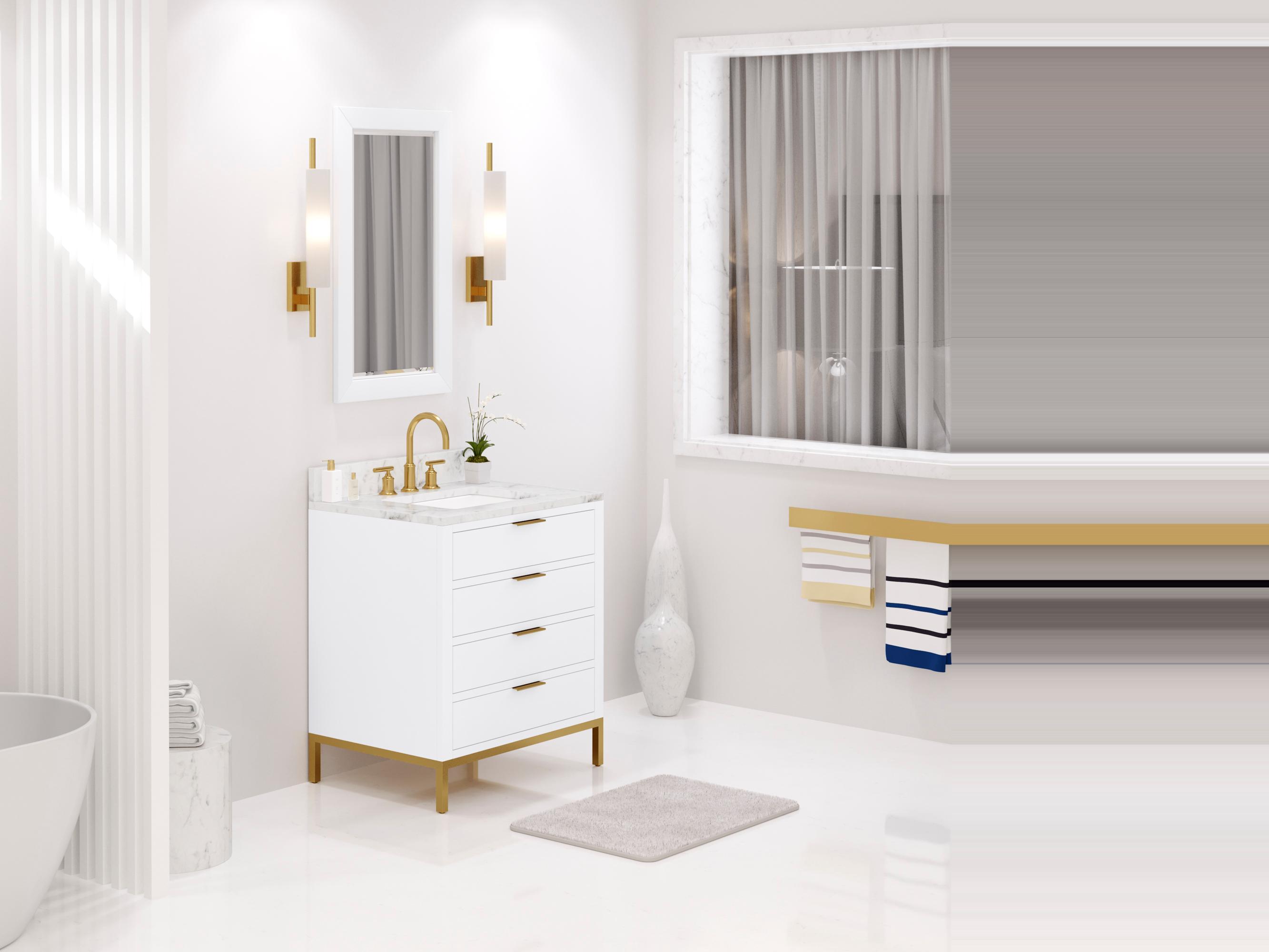 Water Creation Bristol  Single Sink Carrara White Marble Countertop Bath Vanity in Pure White with Satin Gold Gooseneck Faucet and Rectangular Mirror (S)