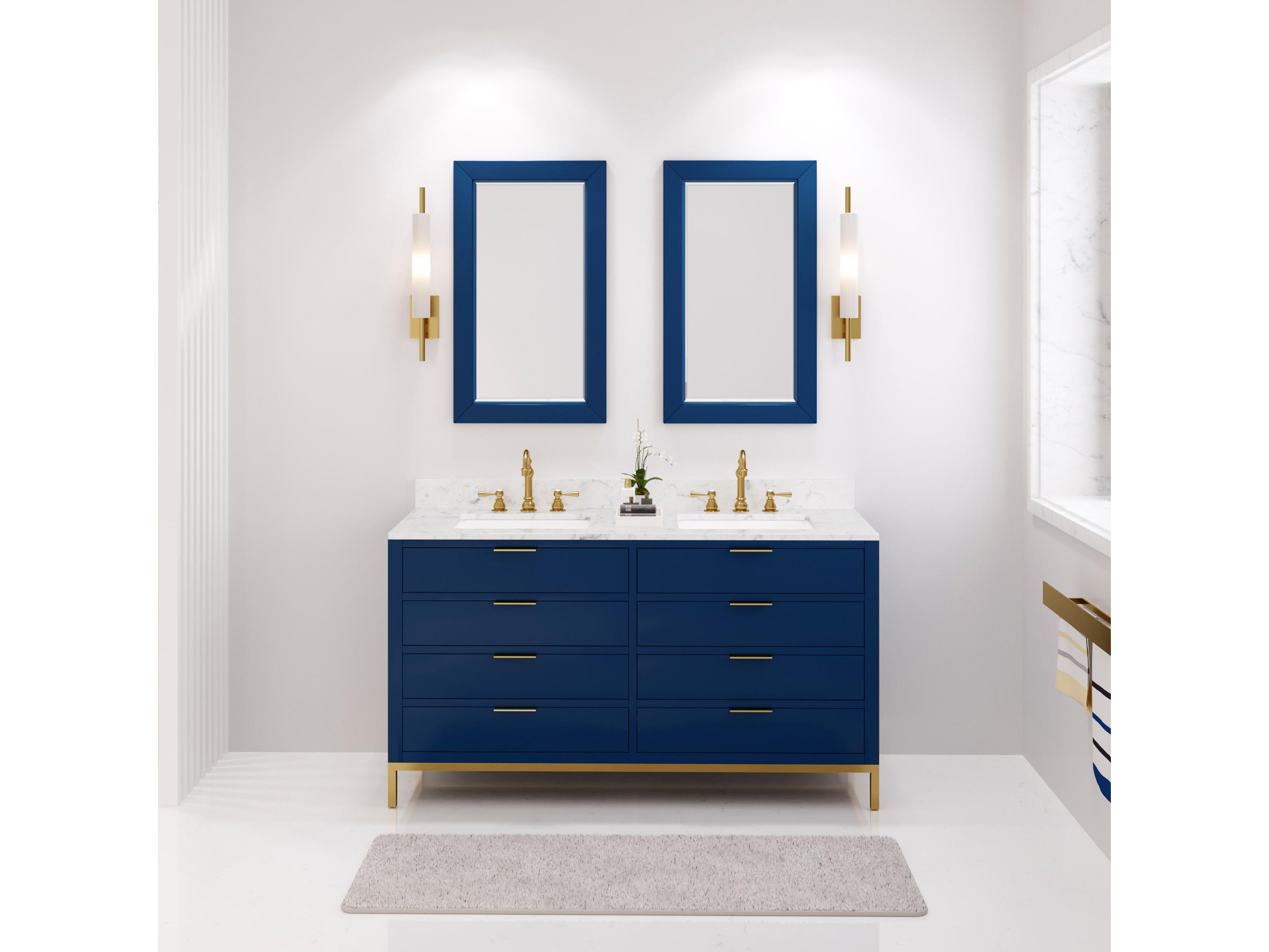 Water Creation Bristol Double Sink Carrara White Marble Countertop Bath Vanity in Monarch Blue