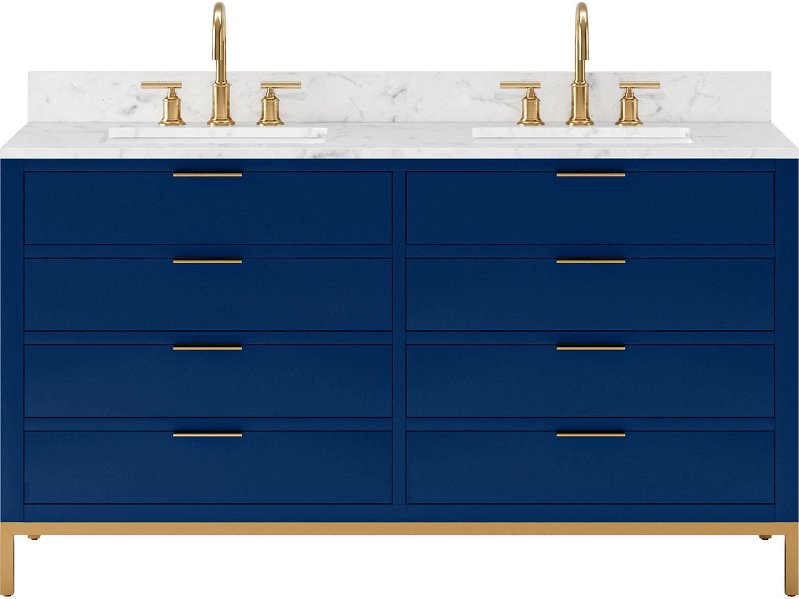 Water Creation Bristol Double Sink Carrara White Marble Countertop Bath Vanity in Monarch Blue with Satin Gold Gooseneck Faucets