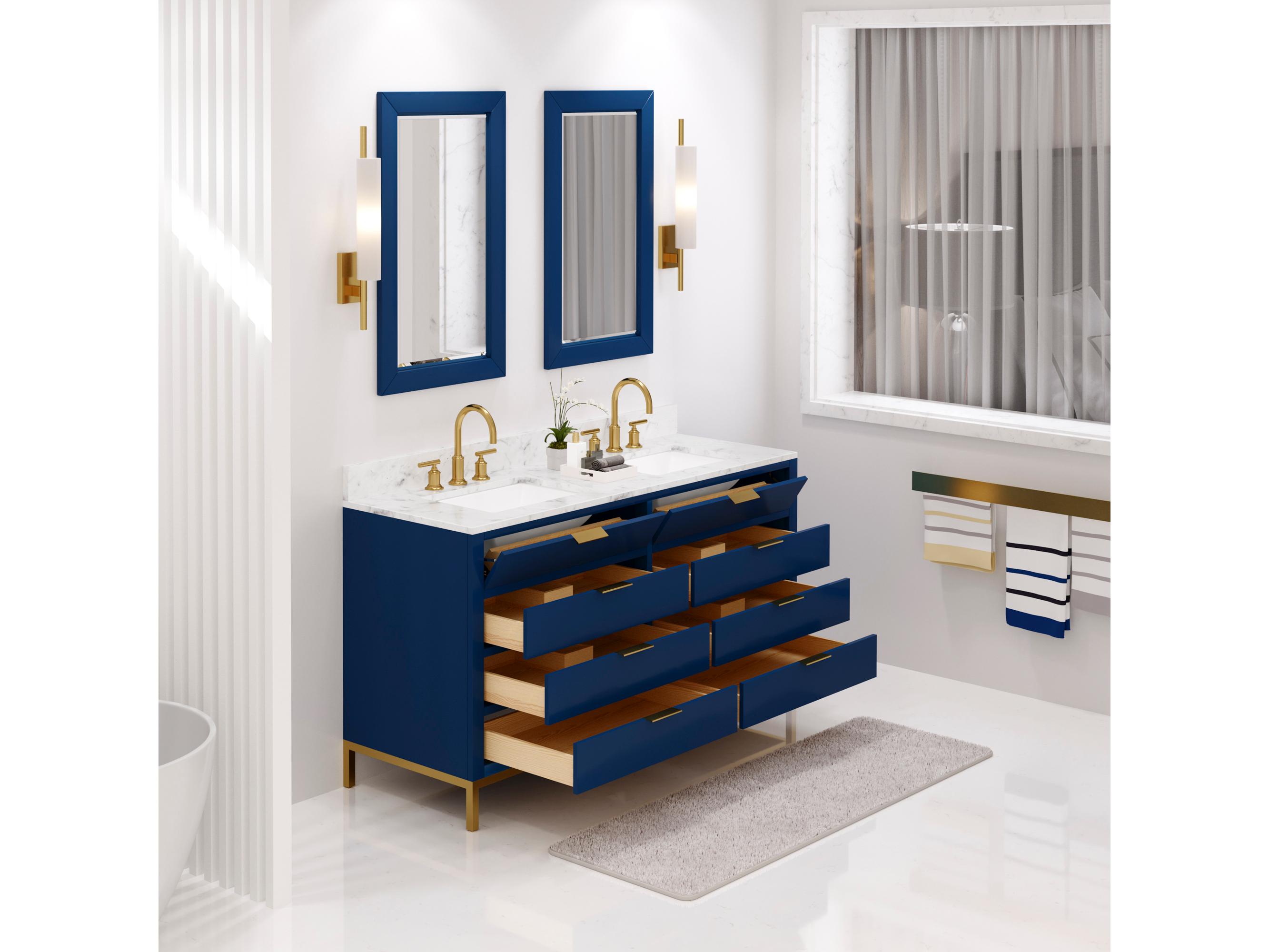 Water Creation Bristol Double Sink Carrara White Marble Countertop Bath Vanity in Monarch Blue with Satin Gold Gooseneck Faucets