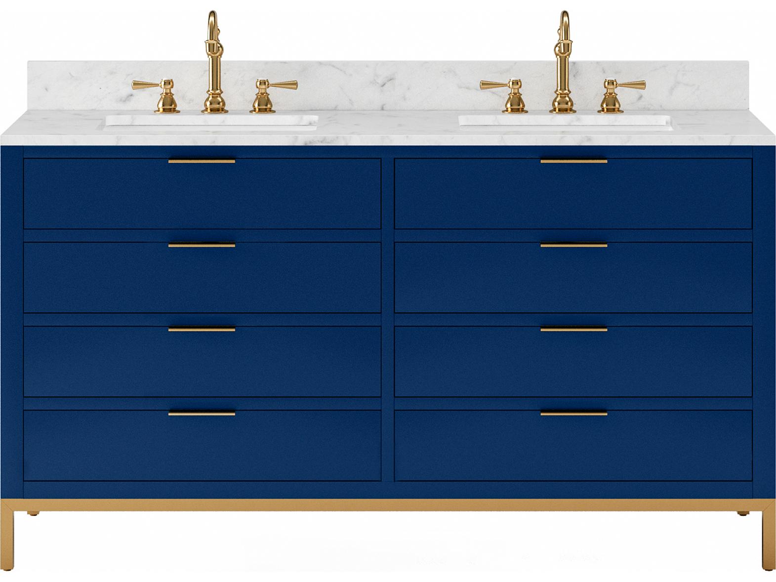 Water Creation Bristol Double Sink Carrara White Marble Countertop Bath Vanity in Monarch Blue with Satin Gold Hook Faucets