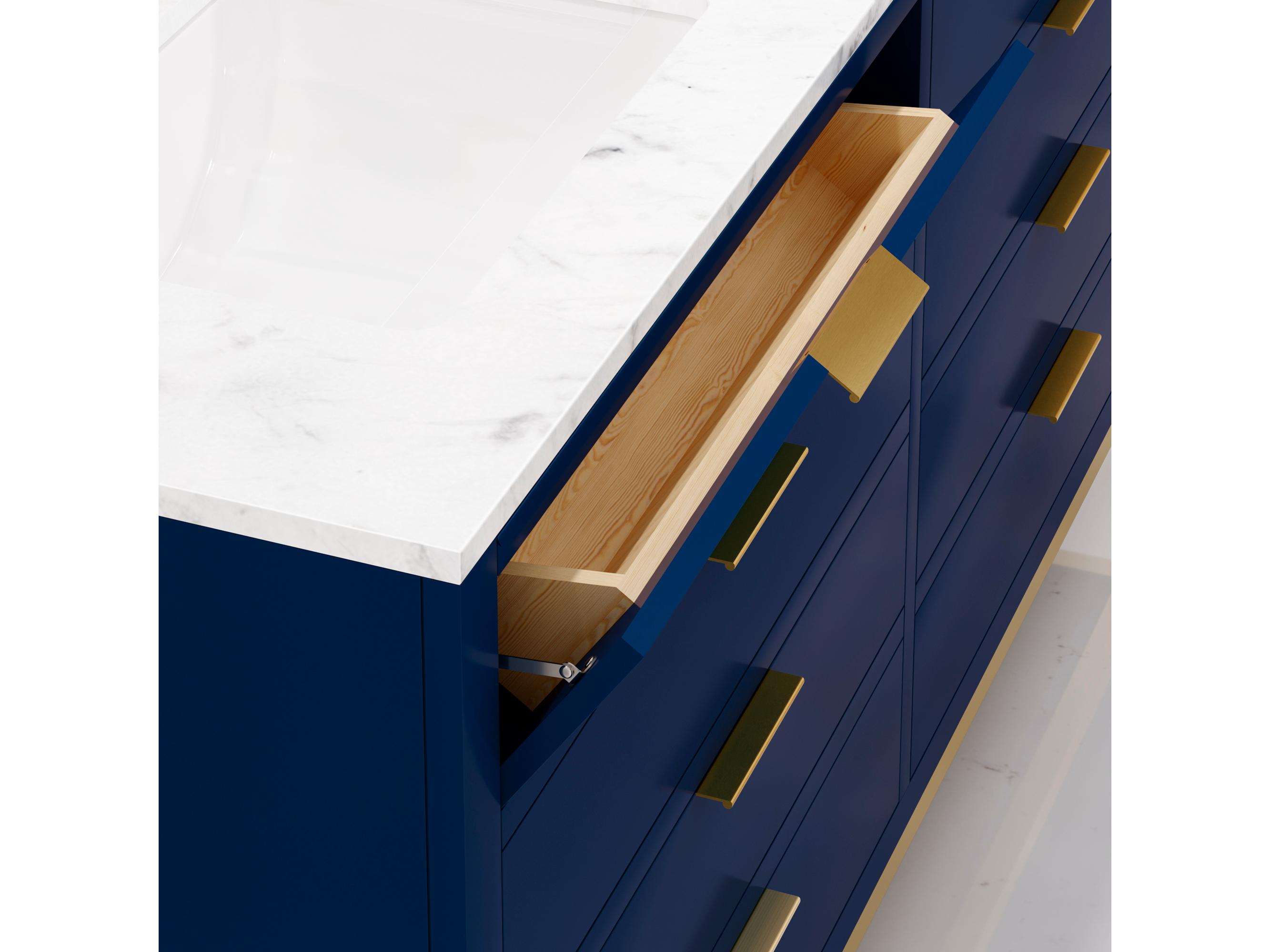 Water Creation Bristol Double Sink Carrara White Marble Countertop Bath Vanity in Monarch Blue with Satin Gold Hook Faucets