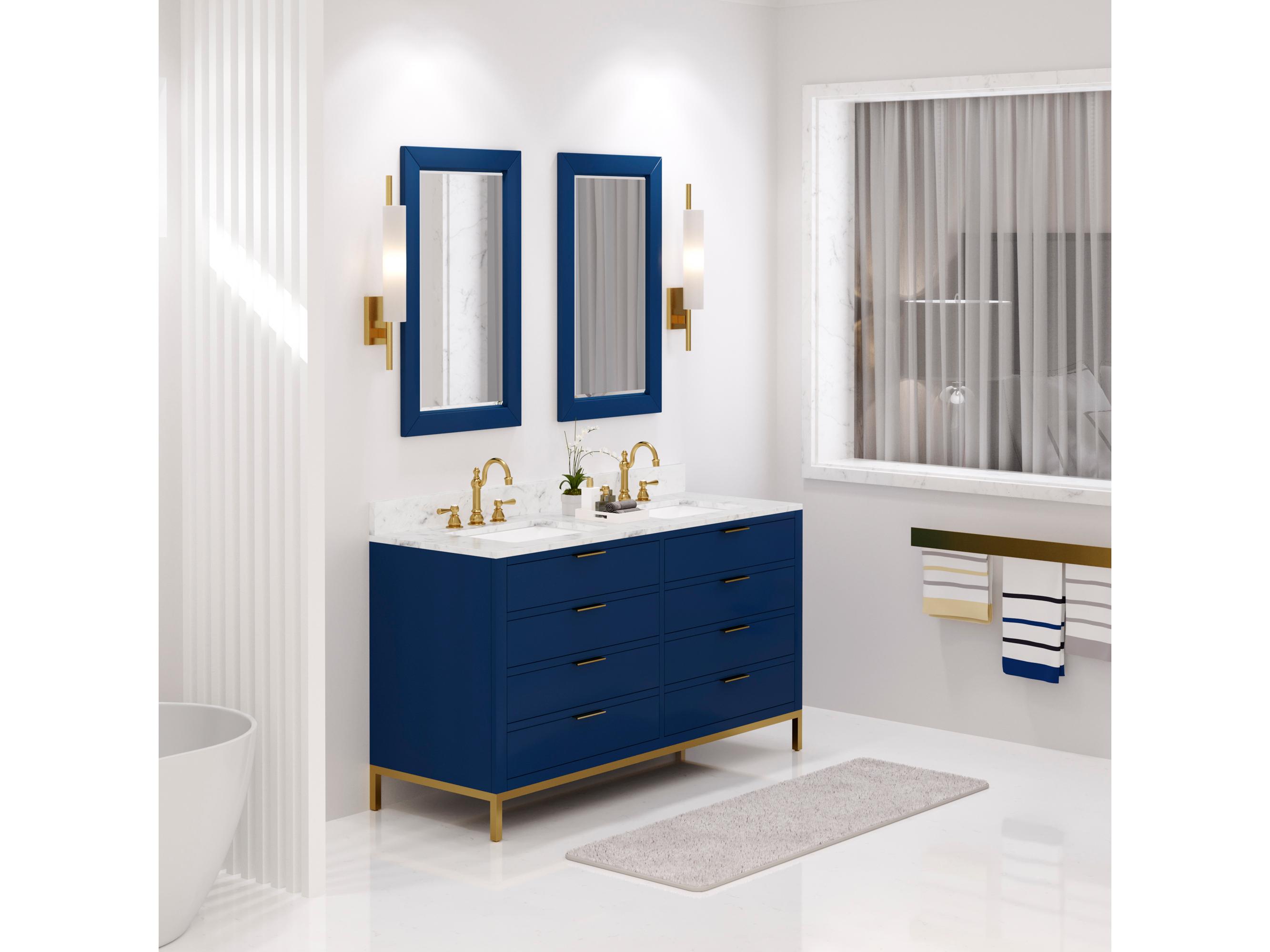 Water Creation Bristol Double Sink Carrara White Marble Countertop Bath Vanity in Monarch Blue with Rectangular Mirrors (S)