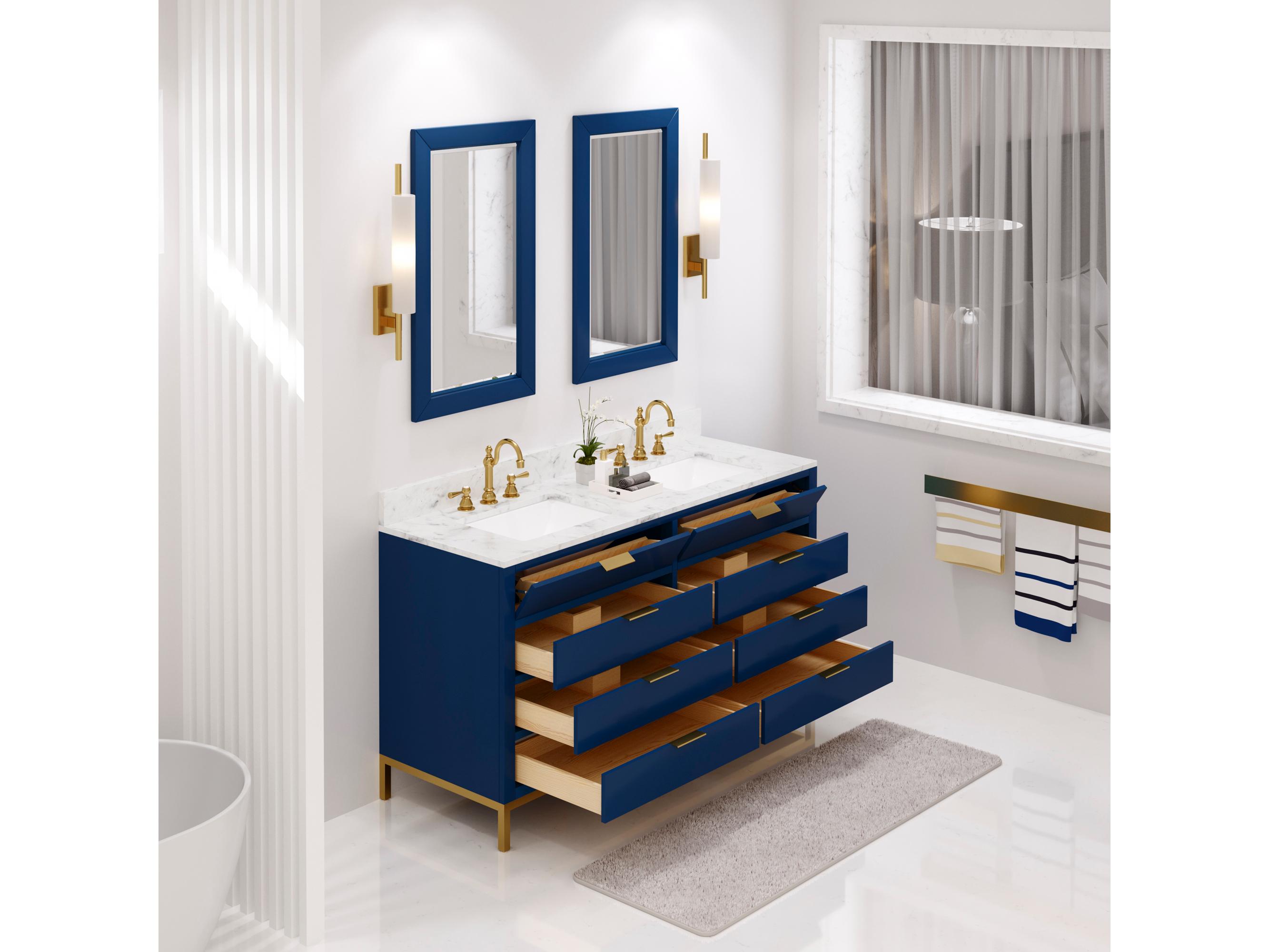 Water Creation Bristol Double Sink Carrara White Marble Countertop Bath Vanity in Monarch Blue with Rectangular Mirrors (S)