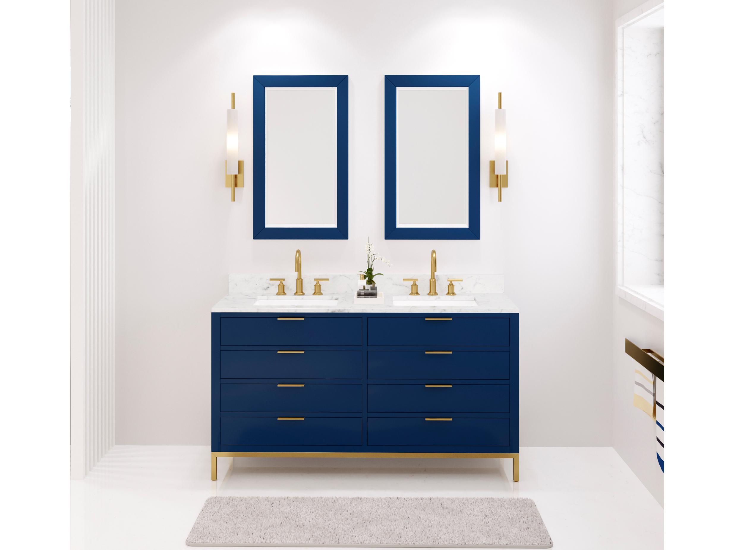 Water Creation Bristol Double Sink Carrara White Marble Countertop Bath Vanity in Monarch Blue with Satin Gold Gooseneck Faucets and Rectangular Mirrors (S)