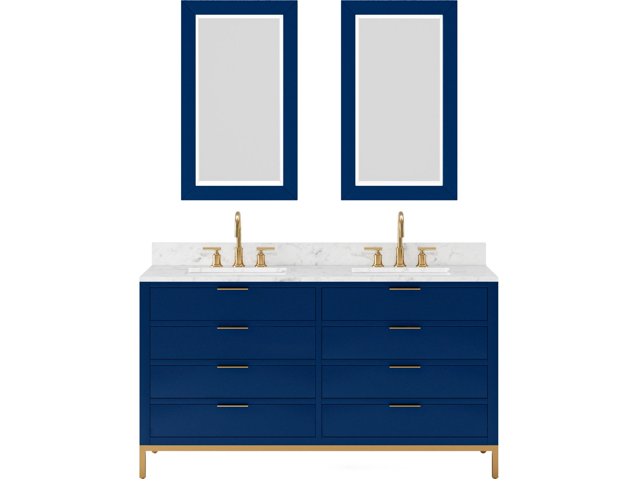 Water Creation Bristol Double Sink Carrara White Marble Countertop Bath Vanity in Monarch Blue with Satin Gold Gooseneck Faucets and Rectangular Mirrors (S)