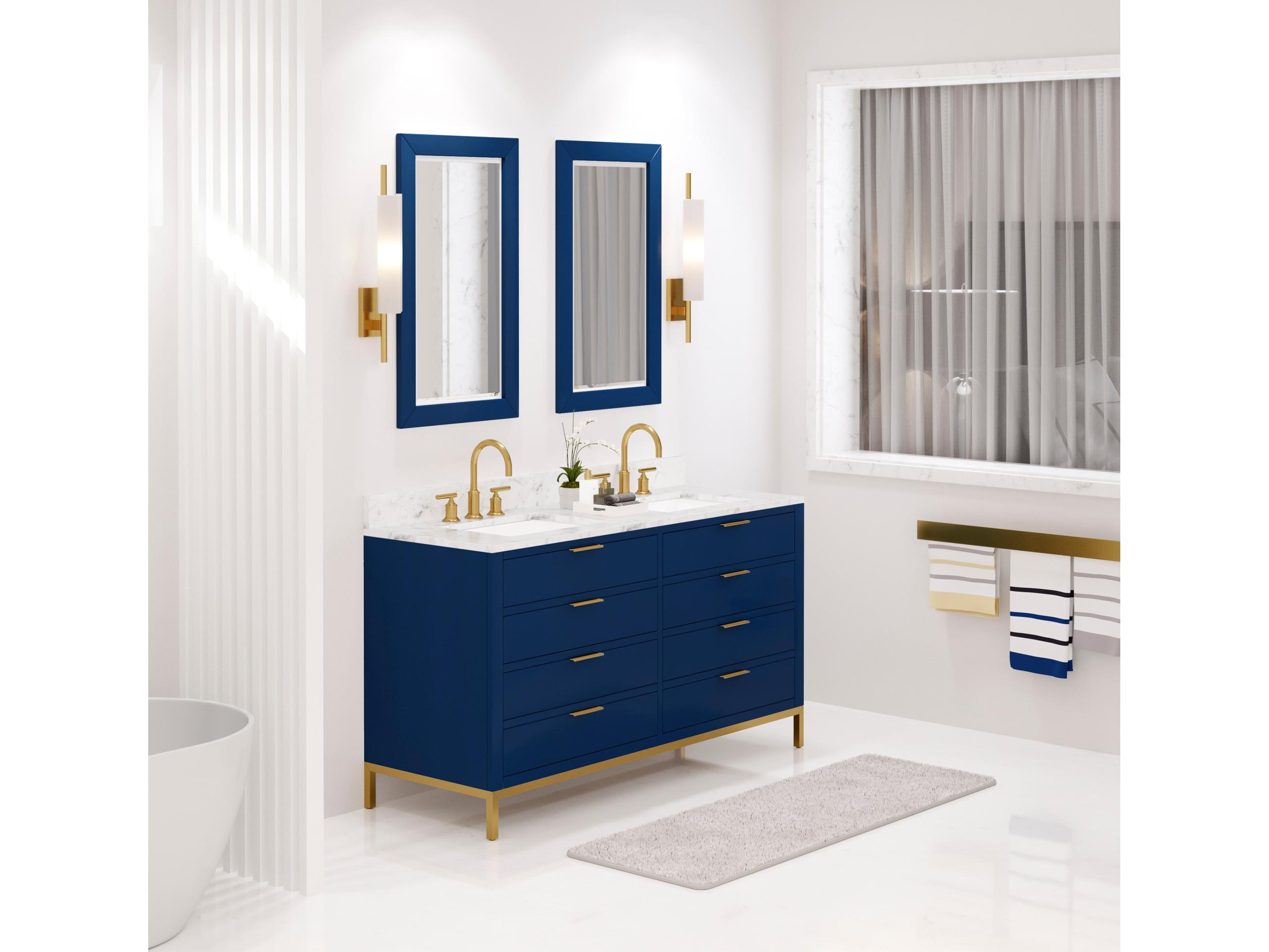 Water Creation Bristol Double Sink Carrara White Marble Countertop Bath Vanity in Monarch Blue with Satin Gold Gooseneck Faucets and Rectangular Mirrors (S)
